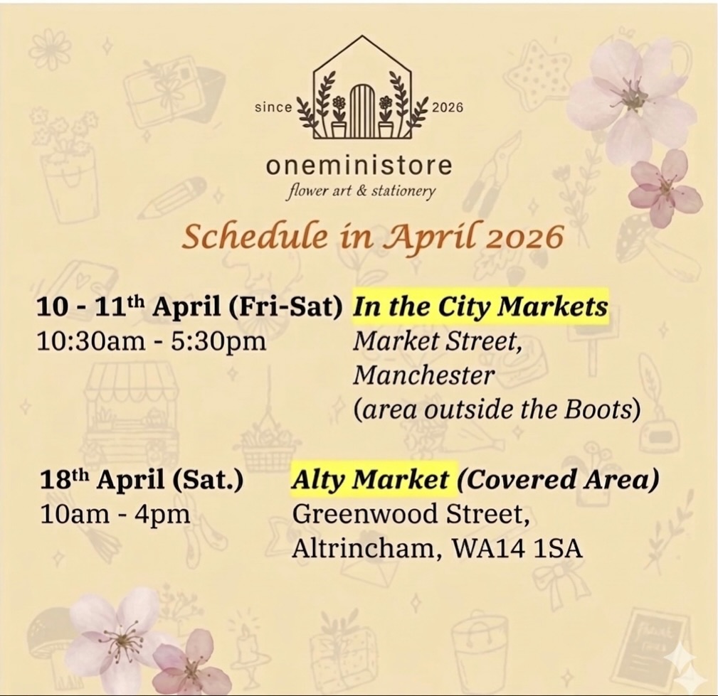 🎏𝐒𝐜𝐡𝐞𝐝𝐮𝐥𝐞 𝐢𝐧 𝐀𝐩𝐫𝐢𝐥, 𝟐𝟎𝟐𝟔
We are so excited to share that staring this April, 𝗼𝗻𝗲𝗺𝗶𝗻𝗶𝘀𝘁𝗼𝗿𝗲 will be joining the “In the City Markets” organised by Manchester City Council at Market Street, right in the heart of the city.😊 This will be our very first time there and we are so happy to meet you all on one of the busiest and most vibrant streets. We hope to see you during the term break and spend some lovely time together 💛
Not only April, we will also be there in June and July, so if you are planning a trip to Manchester, make sure to check our schedule before you come and visit us.😉
Also on 18 April, we will be at Alty Market. It is a wonderful place filled with amazing food and cosy coffee spots, and of course you will find us there too😄
We cannot wait to see you soon ✨
@altymarket @altymarkettraders @manchestercitycouncil
#oneministore #stationeryshopinuk #japanstationery #Manchester #文房具
