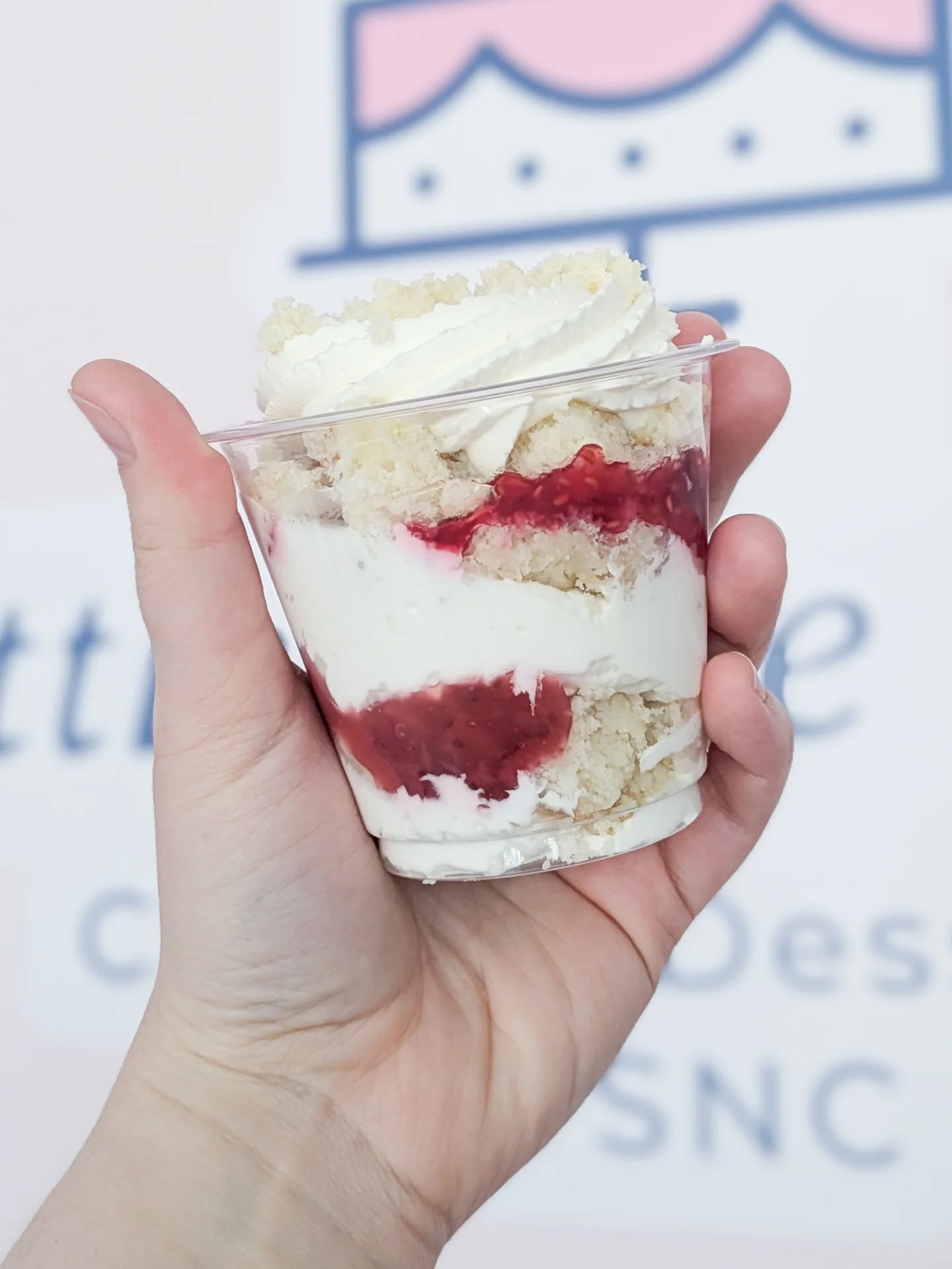 We have Lemon Berry Parfaits today! Lemon cake crumbles layered with raspberry jam, strawberry jam, and freshly whipped cream. Open today 11 to 7 🍋🍓✨