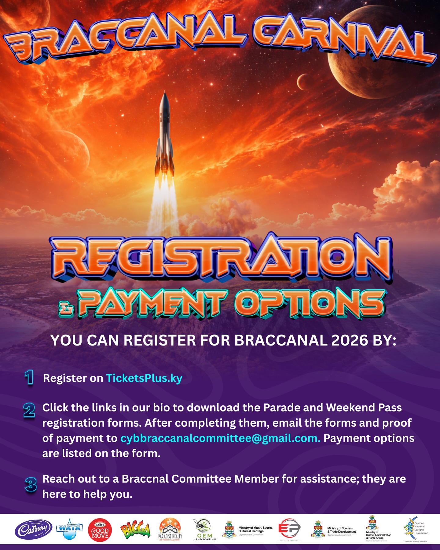 Registration is Open and We have multiple ways that you can register for Braccanal 2026 🚀🪐✨🎊
1. Visit @ticketsplus.ky
2. Download the Registration Forms in our Bio. Email the complete form and payment to cybbraccanalcommittee@gmail.com
3. Reach out to a committee member, they would be happy to assist!
Weekend Passes are LIMITED and priced at a discounted rate! 🥳🚀🎊