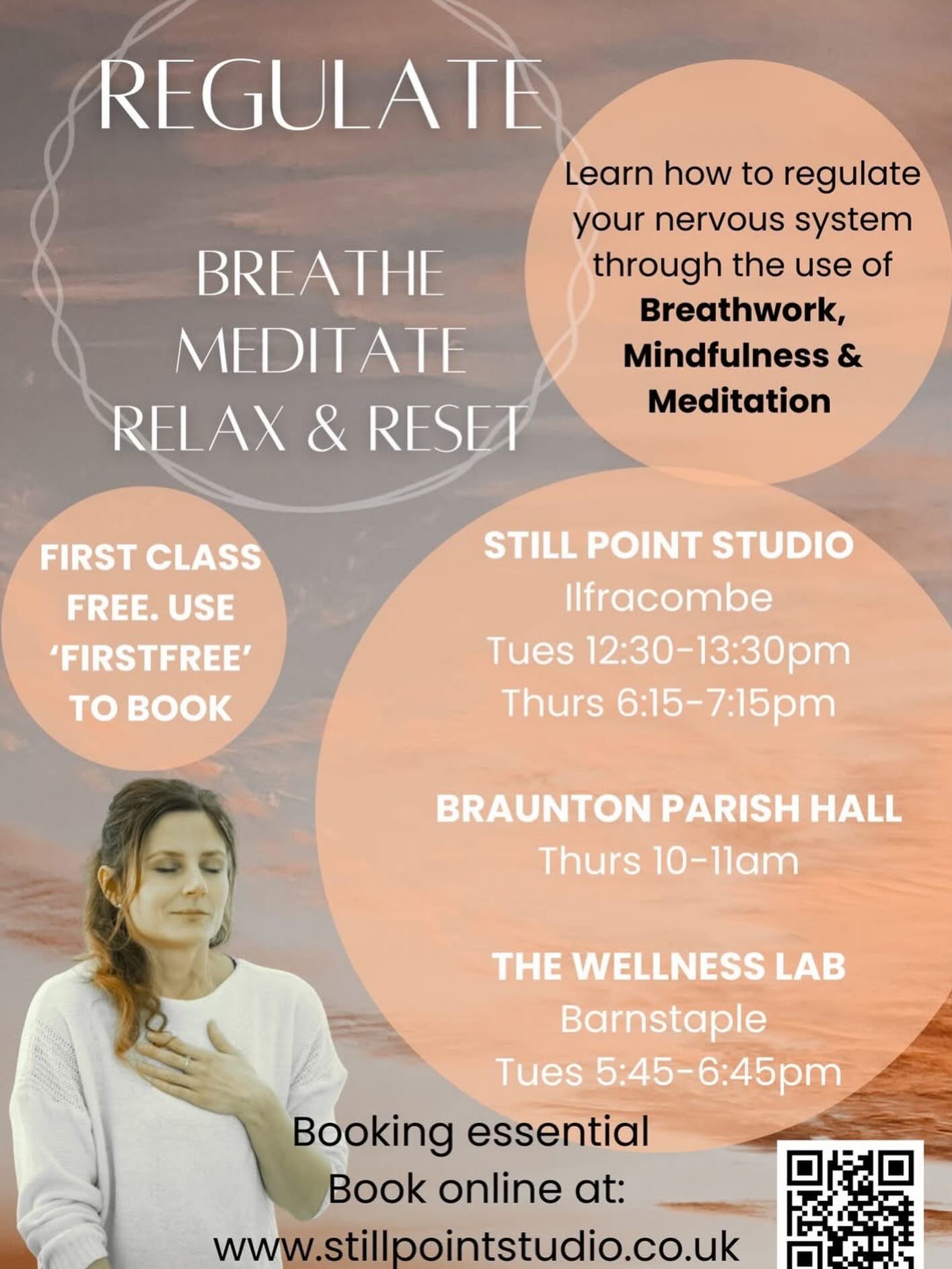 Come Join me this week and learn how to REGULATE 💕
Regulate ✨ Weekly Class - First class is Free!!
✨ Breath is the communication between the mind and body, learn how to use it to regulate, whether you need to calm down, energise or beat brain fog your breath is there for you.
✨ Meditation is a powerful tool to release stress from your cup...learn how to move outside of the thinking mind into a state of calm stillness. Your true self. Get better sleep, less anxiety, many more good things.
✨Mindfulness practises alleviate stress in the present moment...move beyond your wellness being controlled by external circumstances.
✨ Totally relax & unwind with a guided breath relaxation to reset and give love to your nervous system. Finish the class feeling wonderful.
Classes at:
Still Point Studio Ilfracombe - Tuesday 12:30-1:30pm
The Wellness Lab Barnstable - Tuesday 5:45-6:45pm
Braunton Parish Hall - Thursday 10-11am.
Still Point Studio Ilfracombe -Thursday 6:15-7:15pm
First Class is Free. Use ‘FIRSTFREE’ to book
£13 drop in or 4 class pass for £40
Book Now: https://wix.to/hzXAWNM