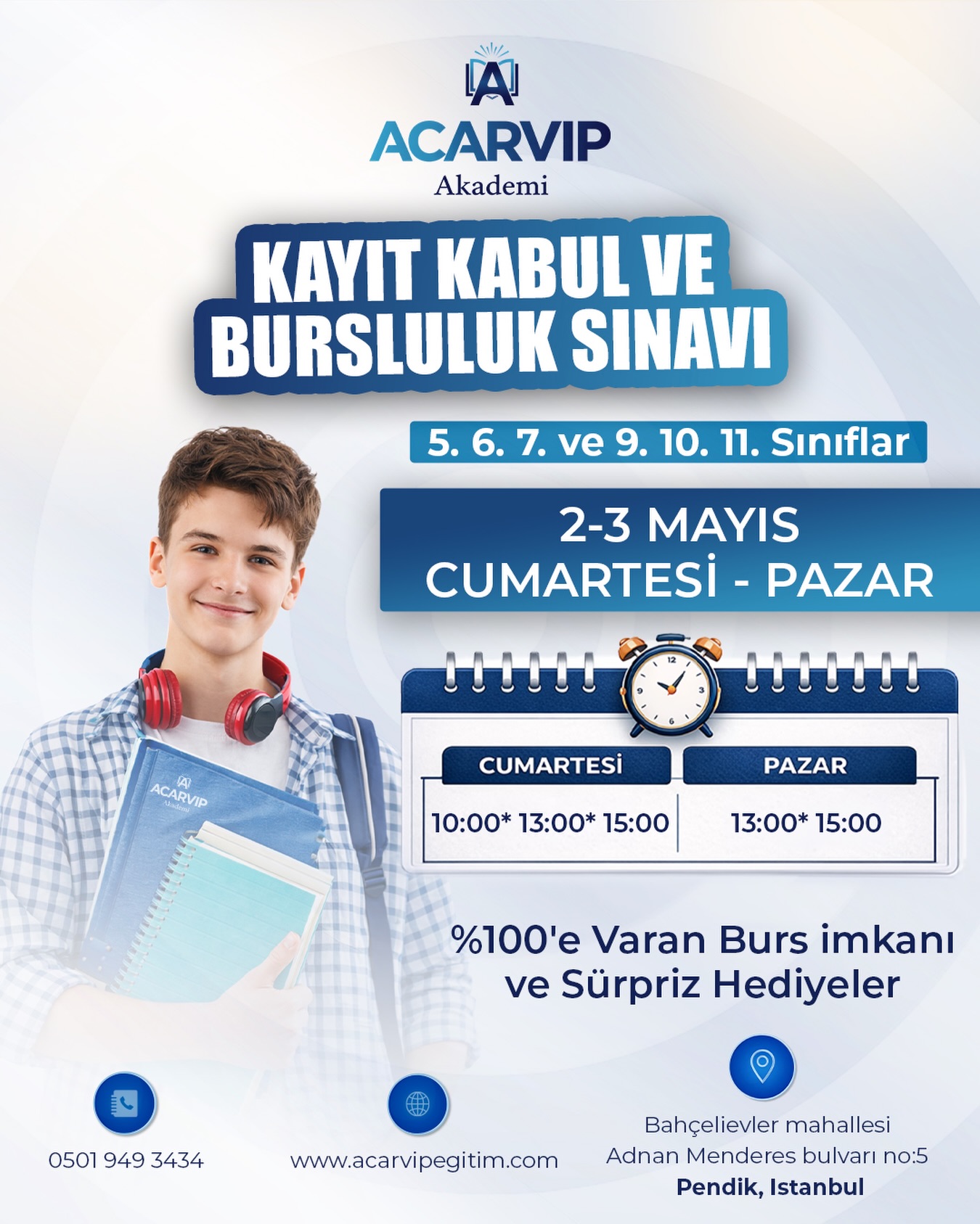 Geleceğini bugünden şekillendir!
Acarvip Akademi Kayıt Kabul ve Bursluluk Sınavı ile hem kendini dene hem de %100’e varan burs fırsatını yakala! 🎯
🗓 2-3 Mayıs’ta yerini al, başarıya bir adım daha yaklaş!
👉 Hemen başvur, kontenjanı kaçırma!
#BurslulukSınavı #AcarvipAkademi #GeleceğeYatırım #EğitimFırsatı #BaşarıyaAdım