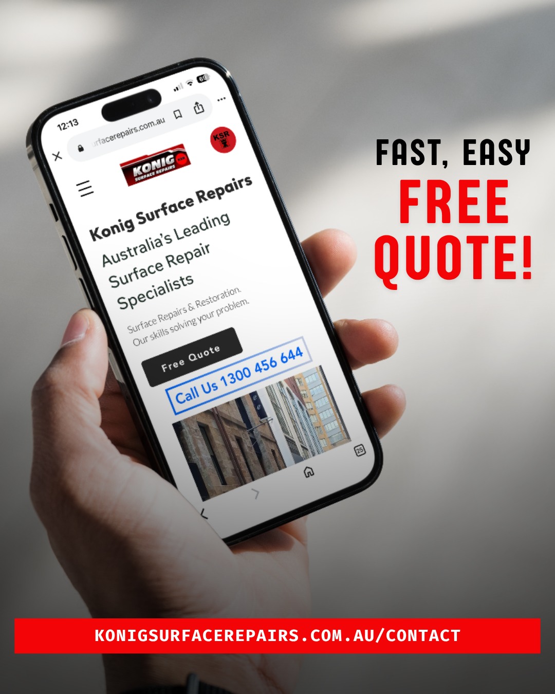 Got damage but not sure what to do next?
Getting a quote is quick and easy.
Just send us a photo through our website form and we’ll let you know if it can be repaired.
No pressure. No obligation.
Get your free quote today 🔧
Just visit: https://www.konigsurfacerepairs.com.au/contact