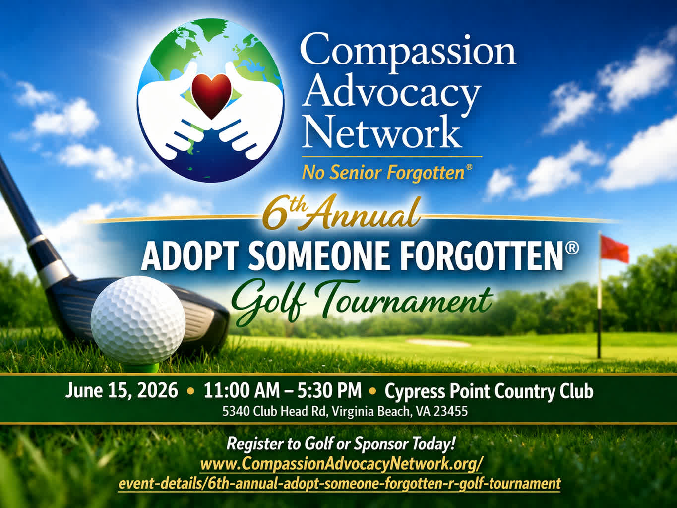 Registration is now open for our 6th Annual ADOPT SOMEONE FORGOTTEN® Golf Tournament, happening June 15, 2026 at Cypress Point Country Club in Virginia Beach. This event is more than a day on the course, it is an opportunity to directly support seniors who need connection and care. Whether you choose to play or sponsor, your involvement helps fund programs that make a real difference. Join us for a day of purpose, community, and impact. Secure your spot today and be part of something bigger than the game itself.