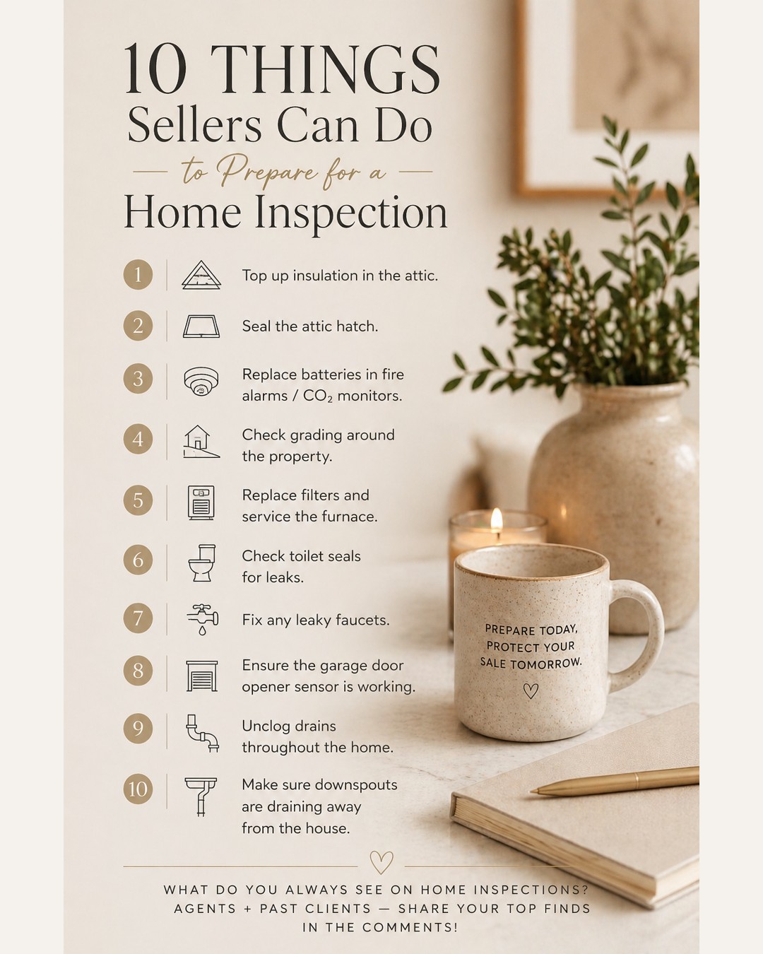 Realtor friends and homeowners, what would you add to this list?
I often tell my buyers to think of a home inspection as a bit of a “honey-do” list. It’s not about cosmetic imperfections, it’s about identifying legitimate issues. That said, as a seller, there is a lot of value in being proactive. Taking care of the smaller items that tend to come up can make a big difference when preparing your home for the market. The fewer things that show up on a report, the more confident and comfortable your buyer will feel.