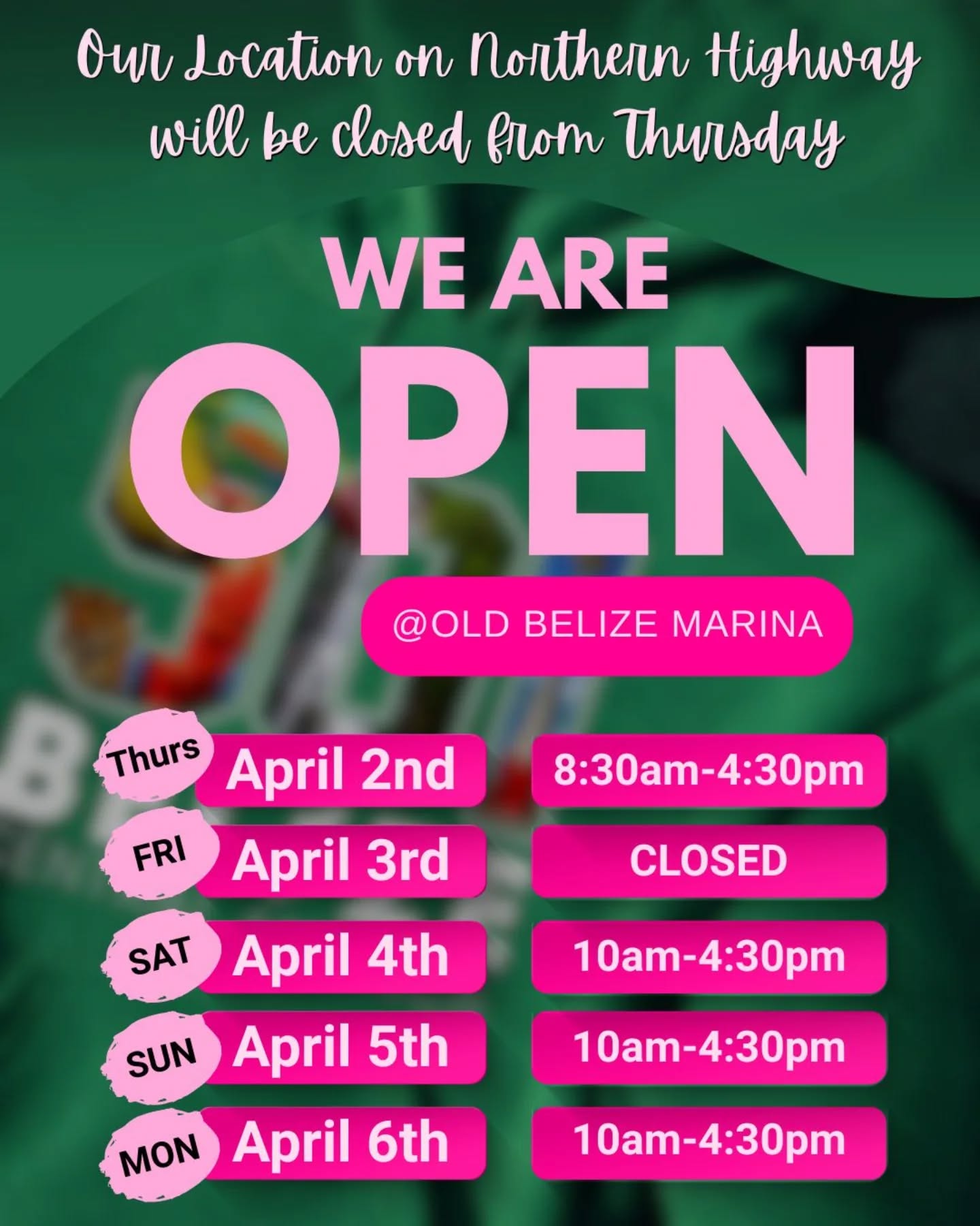 🚨 Notice from T-Shirt Factory 🚨
Our Northern Highway location will be CLOSED starting Thursday, April 2nd until further notice as we prepare to move to a new location… 👀✨ COMING SOON!
In the meantime, you can still visit us at our Old Belize Marina location.
🗓️ Easter Weekend Hours:
• Thursday, April 2nd: Closing early at 4:30 PM
• Friday, April 3rd: Closed (Good Friday)
• Saturday, April 4th: 10:00 AM – 4:30 PM
• Sunday, April 5th: 10:00 AM – 4:30 PM
• Monday, April 6th: 10:00 AM – 4:30 PM
Thank you for your continued support—we can’t wait to welcome you to our new space! 💥