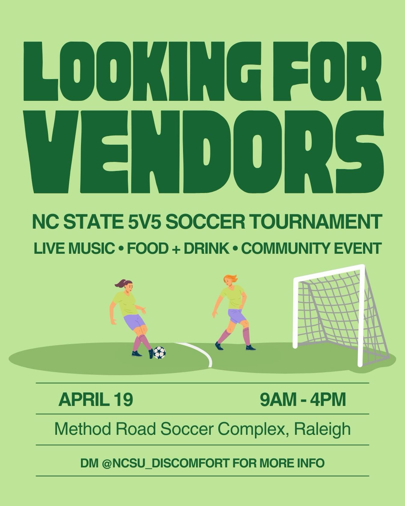 If youโre looking to promote your business, join us for a soccer tournament and wellness social!
Promote your brand to hundreds of students, youth, and community members.
DM @ncsu_discomfort to learn more.