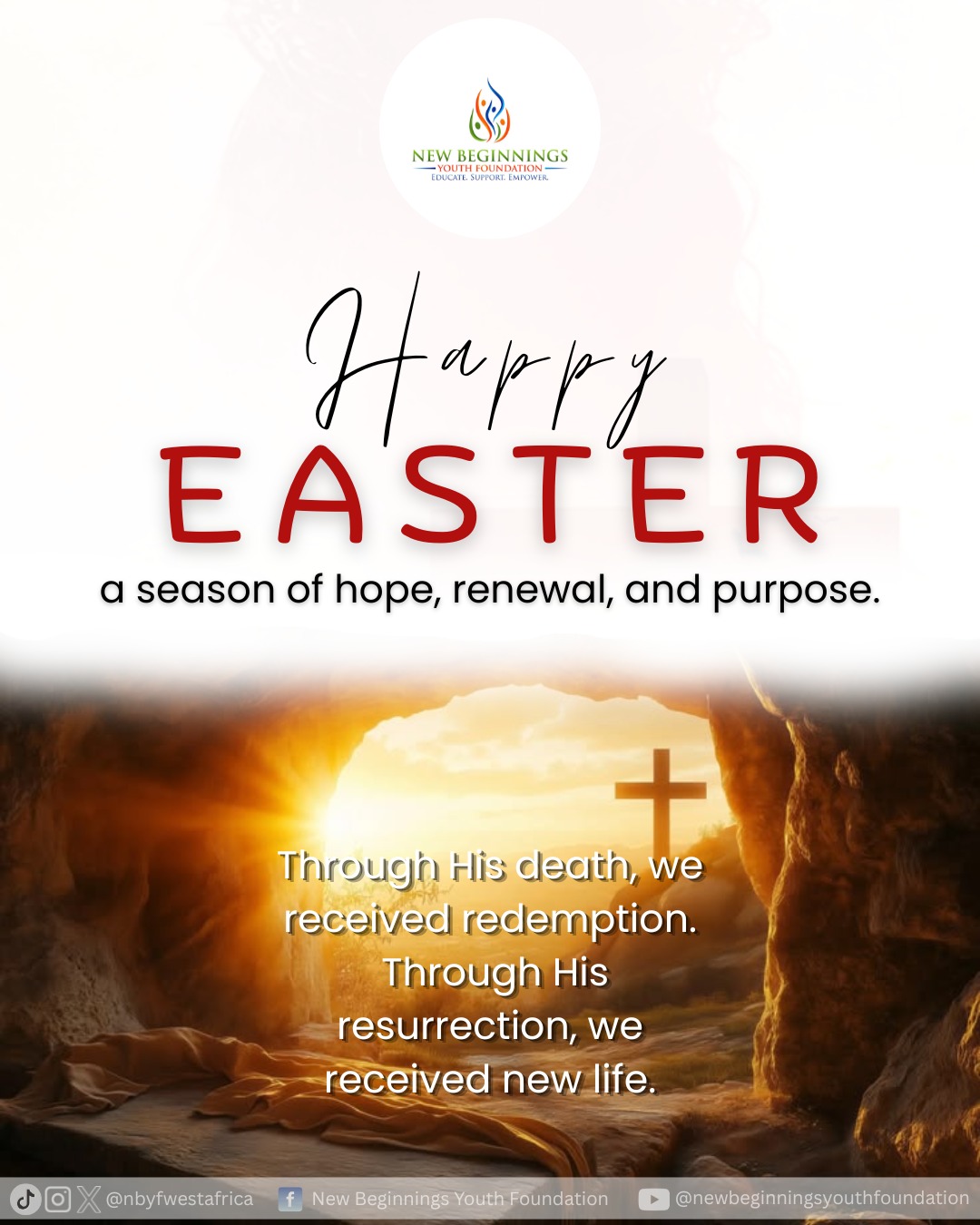 This Easter, we celebrate the death and resurrection of Jesus Christ; a powerful reminder that love gives, sacrifice redeems, and hope brings new life.
May this season inspire us to continue making meaningful impact in the lives of others.
Happy Easter!
#HappyEaster #Easter2026 #HeIsRisen #EasterCelebration #SeasonOfHope
#LoveAndSacrifice #NewLife #FaithInAction #GiveBack #ServeOthers #CommunityImpact #YouthDevelopment #NBYF #NewBeginnings #MakeADifference