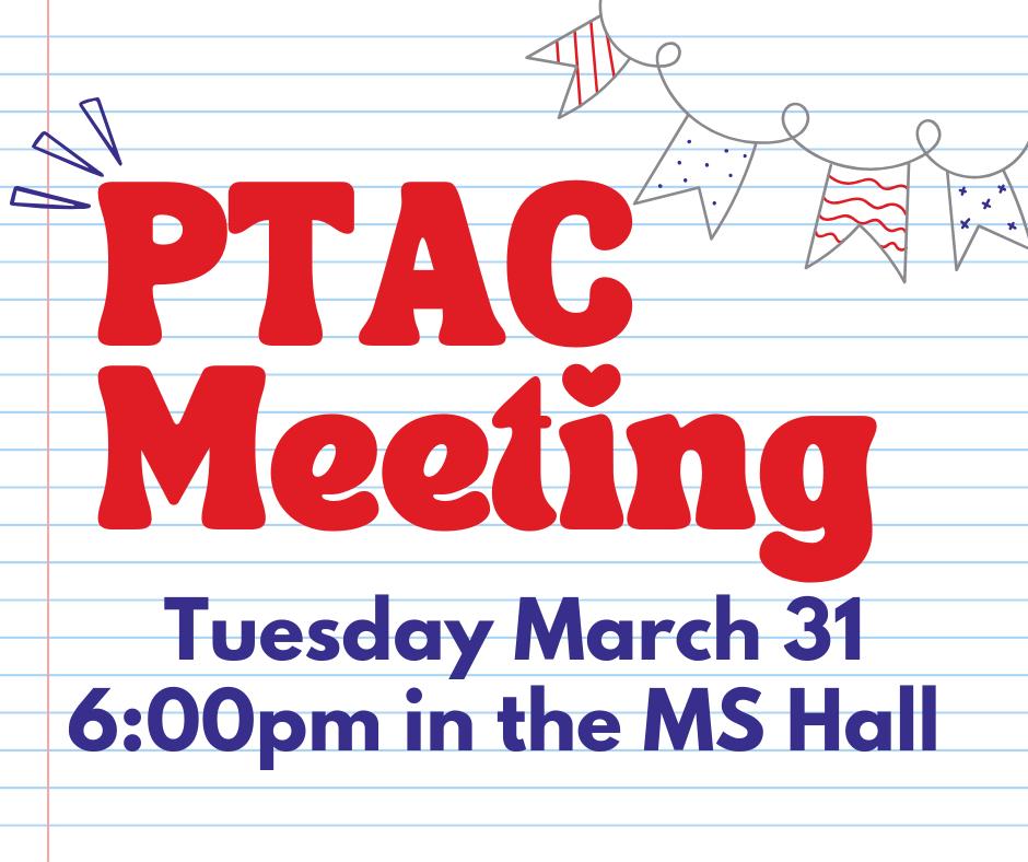 Let’s wrap up the year strong!
Join us tomorrow at 6:00 PM in the Middle School building for our PTAC meeting. We’ll be planning upcoming events like school dances, Teacher Appreciation Week, and graduation celebrations.
Your ideas and help make it all happen — we hope to see you there!