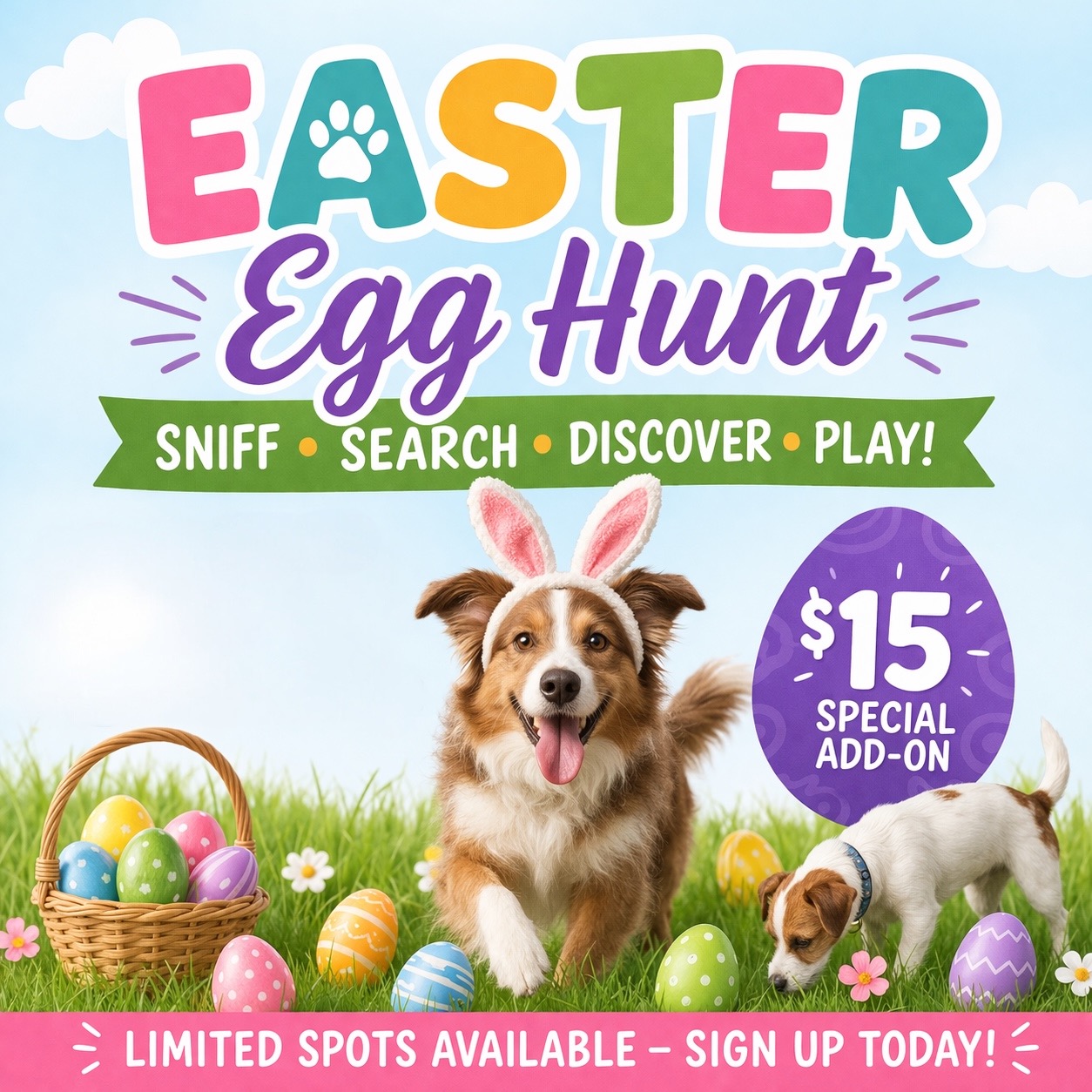 Easter… but make it enrichment
On April 3rd only, Scent Space is turning into a personalized Easter Egg Hunt just for your dog. Think sniffing, searching, and discovering in a one on one experience designed to tap into their natural instincts.
This is not your average egg hunt, it’s purposeful play, the Paws At Play way.
$15 add on
Limited spots available
Book your pup’s hunt before it’s gone 🐾
#easter #scentspace #pawsatplay #raleigh
