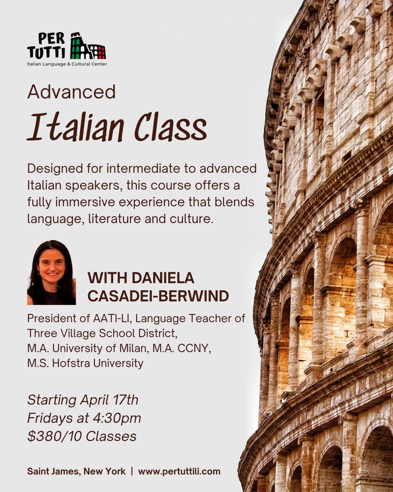 Intermediate-Advanced students welcome! Begins this Friday 4/17, register at www.pertuttili.com
📍 543 Lake Avenue, Saint James, NY
📧 info@pertuttili.com
🎓All classes taught by NYS certified teacher
🇮🇹 Italian for all ages, all levels, all year!
Register at www.pertuttili.com
Italian Preschool • Children’s Programs • Events • Adult Courses • Summer Camp