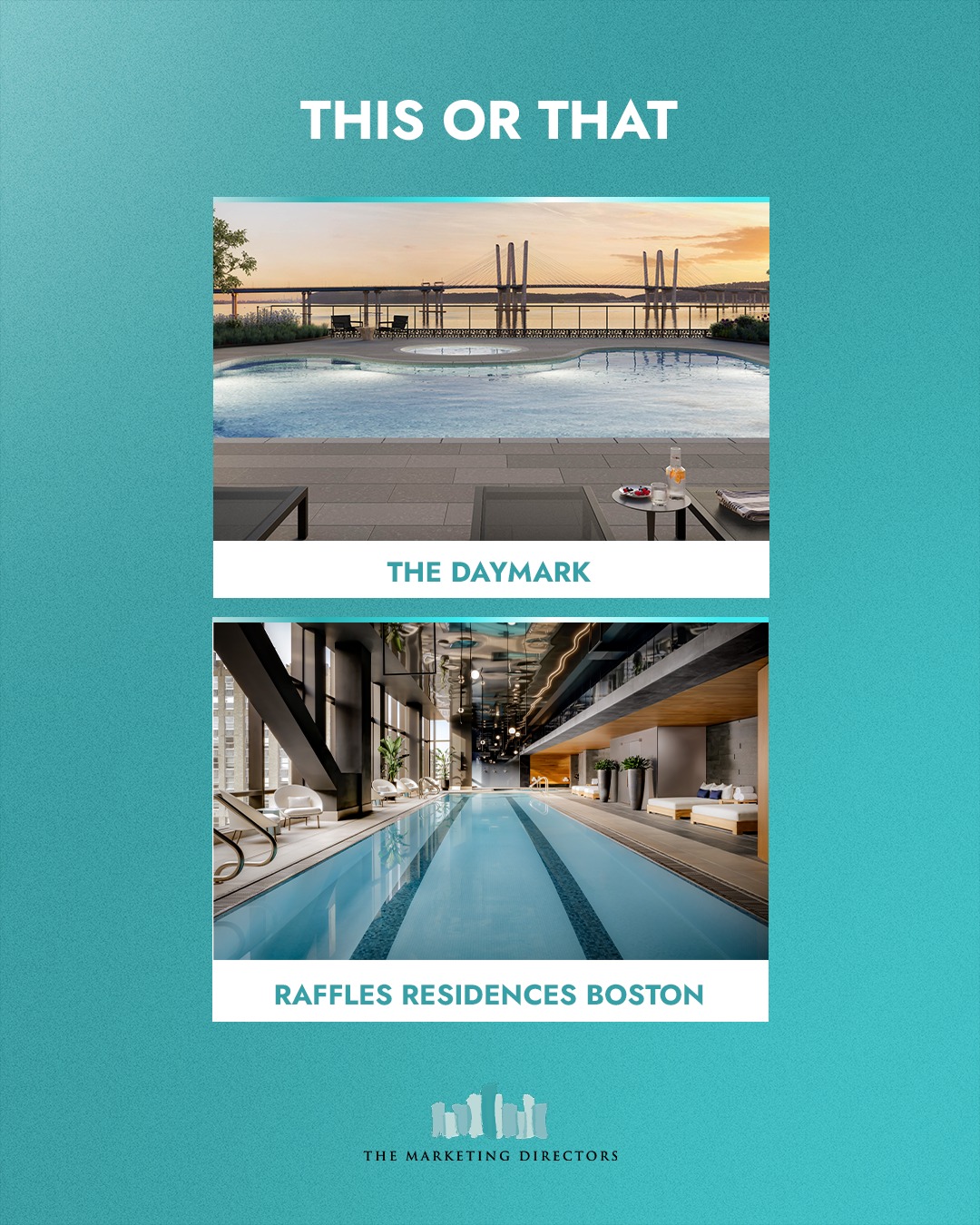 To the swimmers out there: Would you prefer an outdoor natural pool with a view, or an indoor lap pool you can use all year long?
Our teams are split on it. Help us break the tie in the comments…
#TheMarketingDirectors
_
#TMDRealEstate #ThisorThat #Pool #IndoorPool #RealEstate