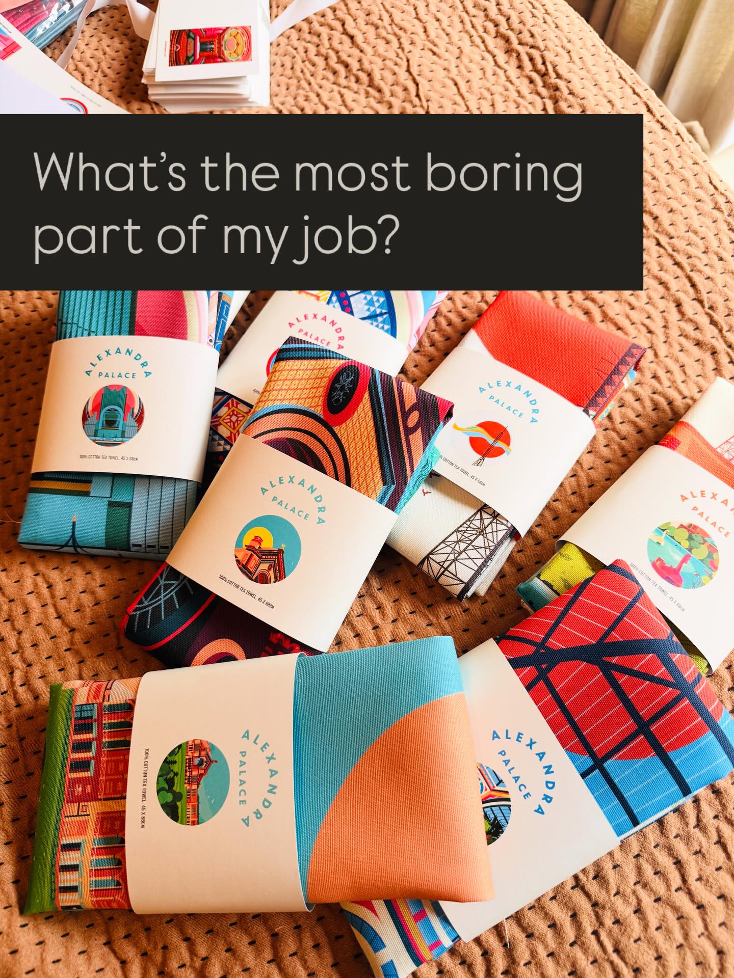 Spring, which only means a large restock of bright tea towels. As much as I enjoyed designing these the arduous task of precise folding, wrapping and taping sleeves is not something I have the patience for 😅 It’s always faster in my head - a few hours maybe🤷🏻♀️ … but eventually takes a whole week!
Jobs like these are best done with Netflix in the background, a rerun of a show I’ve watched a dozen times. Friends, House, Satc and soon enough- all 200 done ✔️