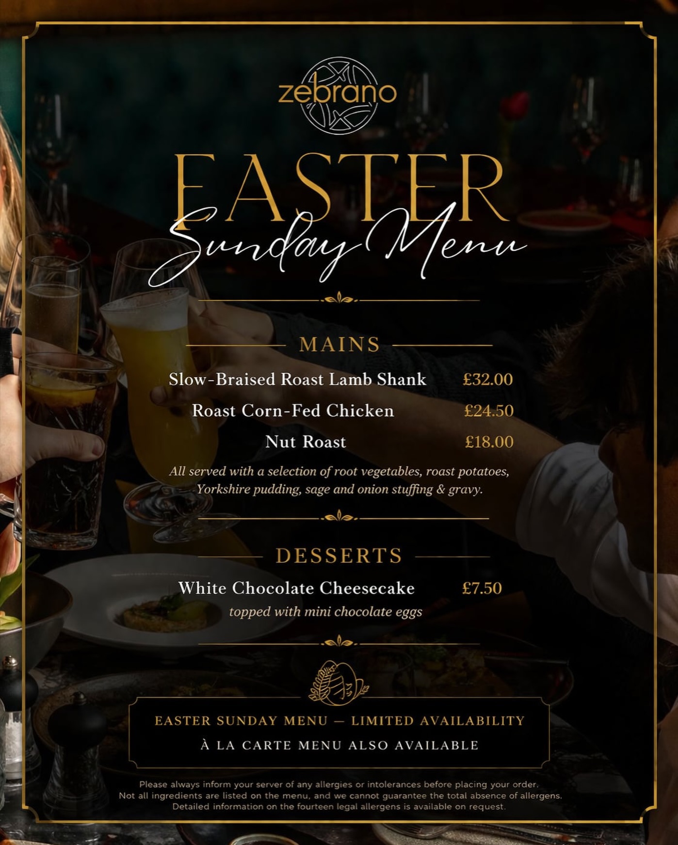Celebrate Easter Sunday with us 🐣✨
Join us for a delicious specially crafted Easter menu, featuring:
🍽️ Slow Braised Roast Lamb Shank
🍗 Roast Corn-Fed Chicken
🌿 Nut Roast
Plus, our à la carte menu will also be available, so there’s something for everyone.
Gather your family and friends and enjoy a memorable Easter Sunday with great food and good vibes 💛
Book your table now - zebranobrentwood.com/reservations
#eastersunday #easter #easterroast