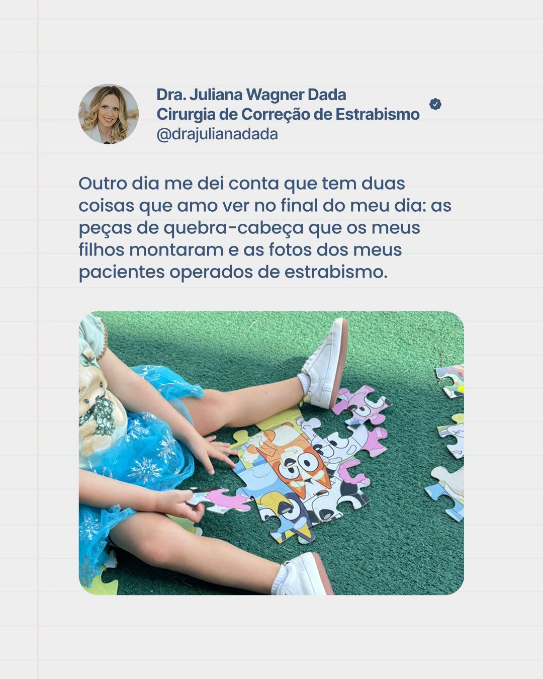 No fim do dia, duas coisas sempre me encantam: os quebra-cabeças dos meus filhos e o resultado dos meus pacientes com estrabismo.
Ambos são processos que exigem paciência, foco e dedicação. Peça por peça, etapa por etapa.
E no final, o resultado vale a pena. Sempre 🤍
Dra. Juliana Wagner Dada
Referência em Estrabismo adulto e infantil
Especialista em Oftalmologia Pediátrica
CRM39665
RQE35215
#estrabismo #saudeocular #oftalmopediatria
