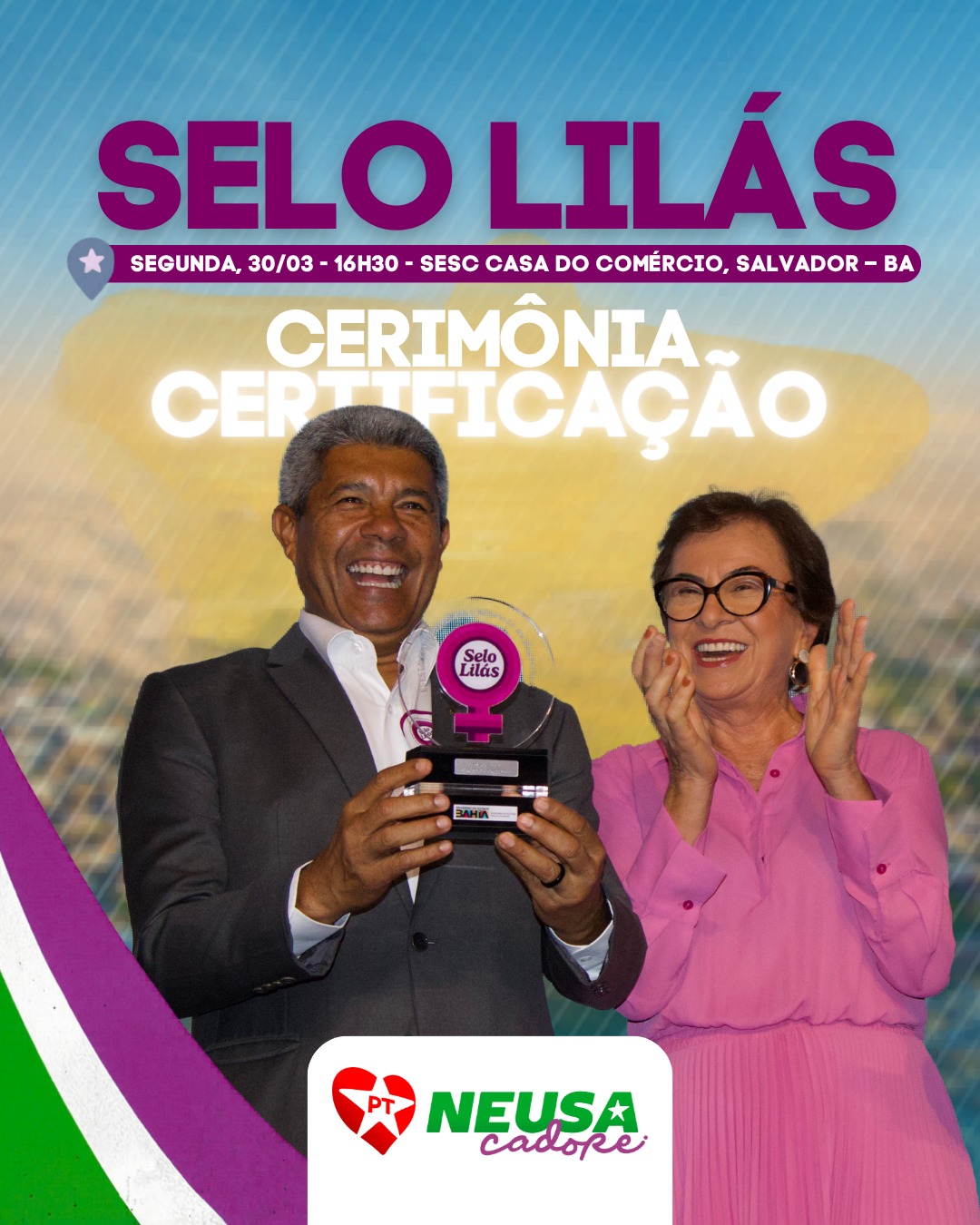 ✨ A Certificação Selo Lilás já tem data marcada!
No dia 30 de março, às 16h30, no SESC Casa do Comércio, em Salvador, vamos celebrar iniciativas comprometidas com a valorização das mulheres e a promoção da igualdade de gênero. 💜
#SeloLilás