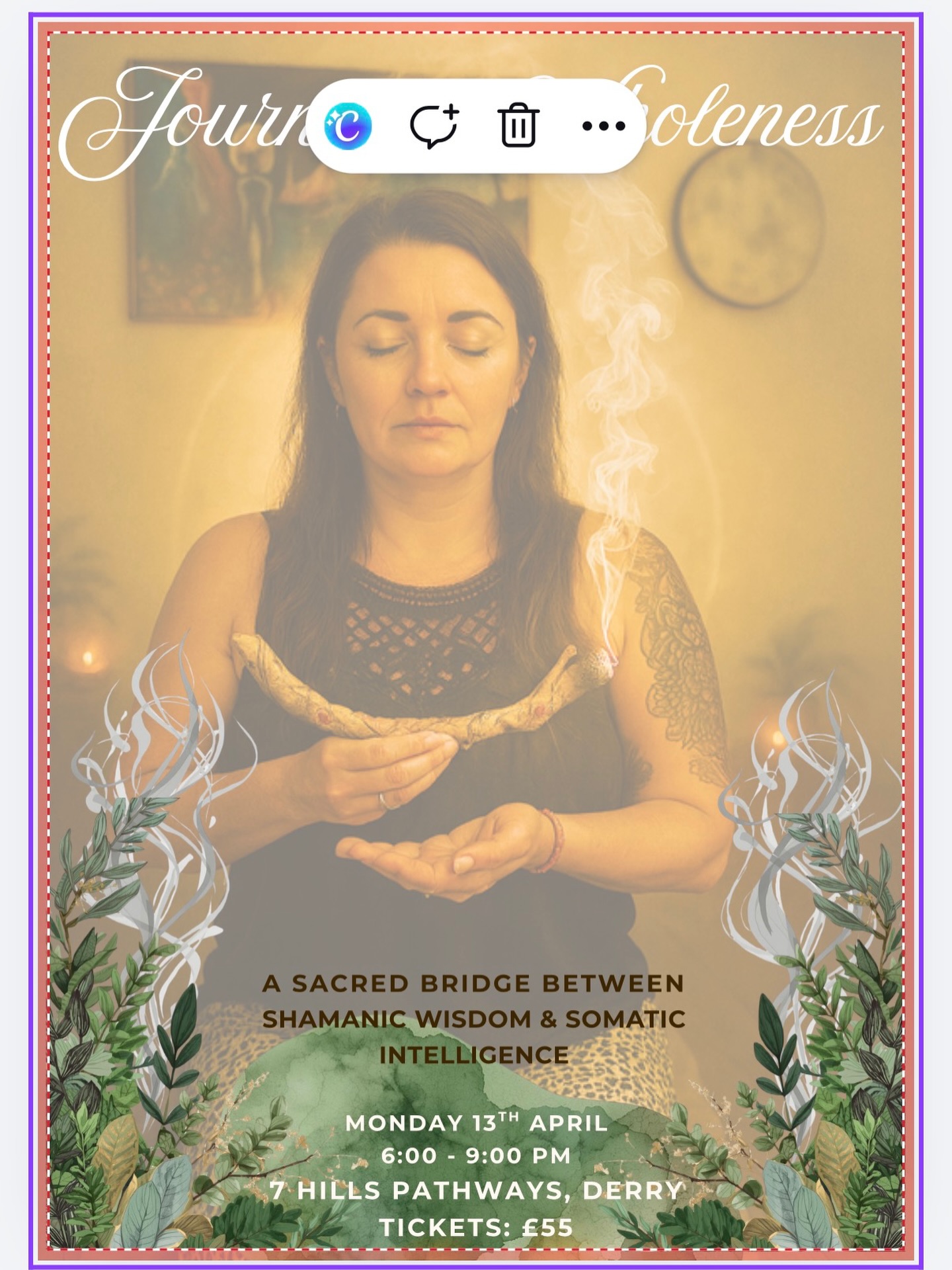 🌿 Journey to Wholeness 🌿
A 3-hour immersive workshop to gently guide you back home to your body🫶
Through sound, shamanic drumming, and somatic awareness practices, we’ll explore natural ways to ground, release tension and reconnect with yourself.
You’ll be guided out of the busy mind and into a deeper sense of presence, safety, and inner calm.
This is a space to slow down, soften and learn simple, practical tools you can carry into everyday life- supporting your nervous system and helping you feel more balanced, connected, and whole. 💚
📍 7 Hills Pathways, William Street, Derry
🗓️ Monday 13th April
⏰ 6:00 – 9:00 pm
🤝 £55
DM or go online to book your spot now
Places are limited
