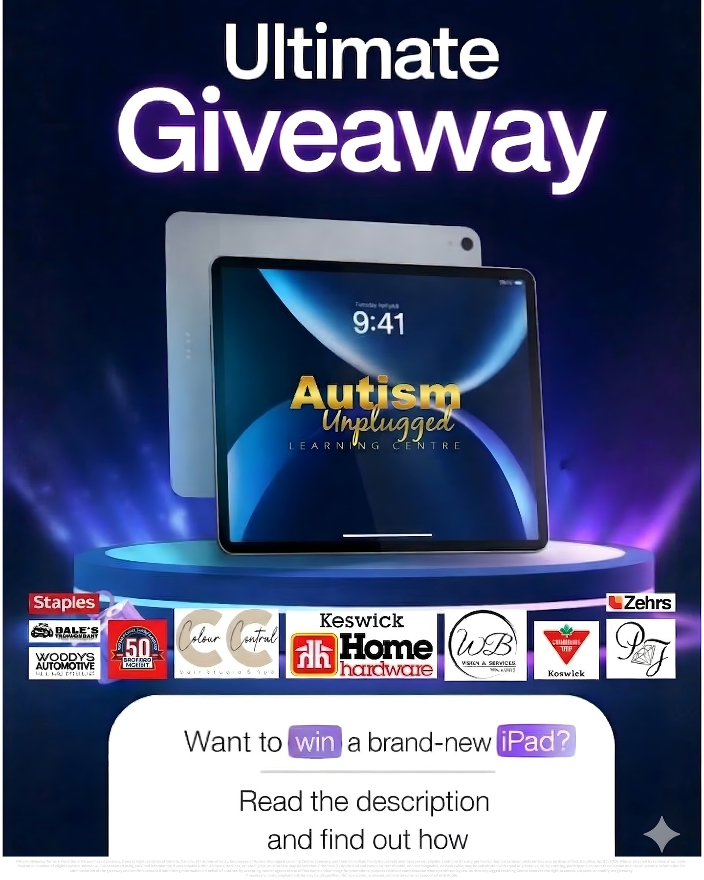 April is Autism Awareness Month 💙
And this year, we’re doing something that truly matters.
Because for many individuals with autism…
an iPad isn’t just a device.
It’s a voice.
A learning tool.
A way to connect, communicate, and be understood.
🎁 We’re giving away an iPad + case to one deserving family in our community.
💬 Do you know a family who could truly benefit from this?
👉 Tag them below so they don’t miss this opportunity.
✨ HOW TO ENTER:
✔️ Complete the form: https://tinyurl.com/ipad4autism
✔️ Share this post
✔️ Tag a deserving family (or yourself 💙)
📅 Winner announced: April 2, 2026
(World Autism Awareness Day)
🙏 A HUGE thank you to our incredible sponsors who made this possible:
🌟 GOLD SPONSORS:
Wayne Winch & Brenda Brouwer REALTORS® RE/MAX All-Stars Realty Inc.
Colour Central Hair Salon and Studio
Home Hardware Keswick
🥈 SILVER SPONSORS:
Canadian Tire Keswick
BROUWER Kesmac
Prestige Jewellers
🤝 COMMUNITY SPONSORS:
Zehrs Keswick
Woody’s Volkswagen
Dale’s Transmission
Staples
🏡 Hosted by: Autism Unplugged Learning Centre
💙 Celebrating 10 Years of supporting families in our community
⚠️ Entries will be verified. Incomplete or unverifiable entries may be disqualified. Employees and immediate family members of Autism Unplugged Learning Centre and participating sponsors are not eligible to win.
💙 Let’s get this into the right hands.
Share it. Tag someone. Be part of something meaningful.
@winch_brouwer @colourcentralsalon @homehardware @prestigejewellery.keswick
@brouwerkesmac @keswickcanadiantire @dales_transmissions
@ctkeswick @keswick
@keswickzehrs
#InclusiveCommunity #AutismUnplugged #Keswick #pefferlaw #sutton #mountalbert #eastgwillumbury #ShopLocalGeorgina #Georgina #ExploreGeorgina #GeorginaMatters #GeorginaBusiness #AutismAwareness #SensoryFriendly