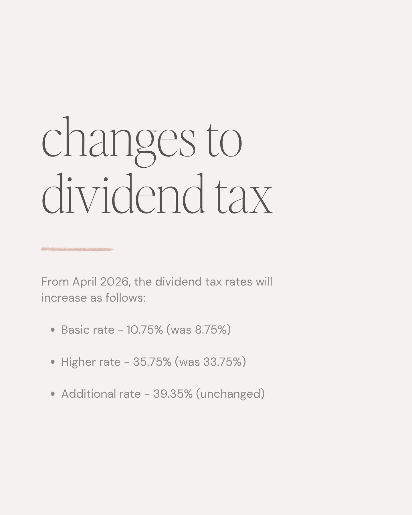 From April 2026, dividend tax will be increasing by 2% for basic and higher rate taxpayers. Therefore, it could be worth taking a slightly higher dividend in tax year 2025/26 to make the most of the lower rates.
You'll still be able to receive your first £500 of dividends tax-free. Questions? Drop them below
#freelance #womeninbusiness #smallbusinessuk