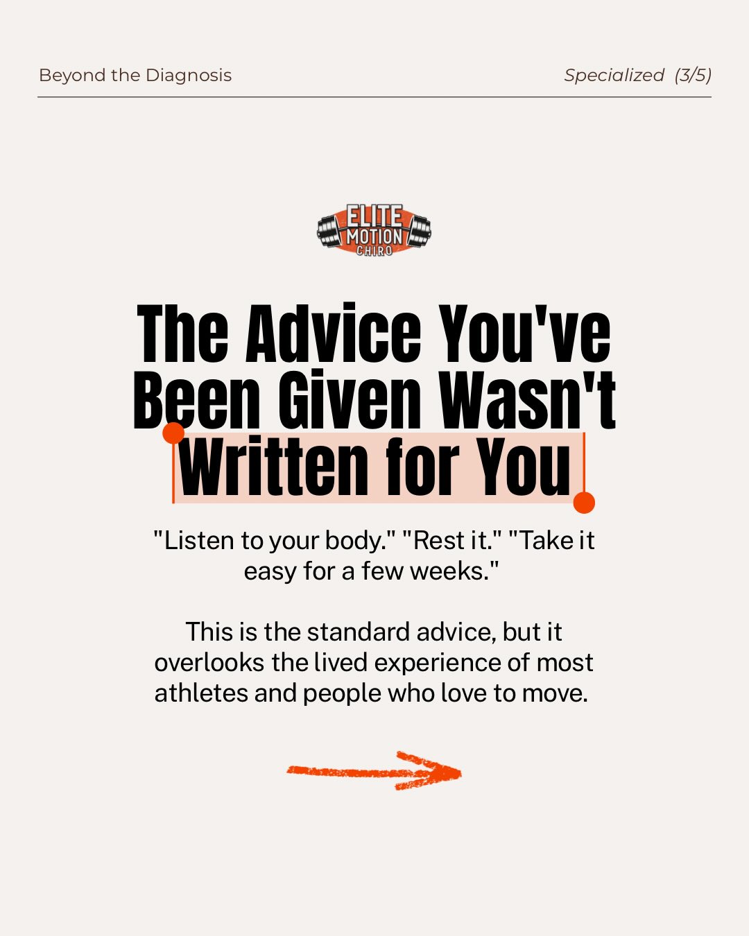 Generic advice is based on assumptions:
❌ That your only goal is “pain-free”
❌ That you live a sedentary lifestyle
❌ That you can’t work through discomfort
But for someone who lives a life where movement is a fundamental pillar, none of that is true.
Most athletes have a very good understanding of their bodies, and being given generic advice that treats you as “fragile” is misleading and unfair.
✅ You deserve advice and guidance that accounts for who you are, what you’re training for, and what moving well actually means to you.
👉🏽 Follow along because we’re reviewing how all of the following affect your injury and your recovery:
1. physical
2. emotional
3. specialization
4. clinical
5. pain reframing