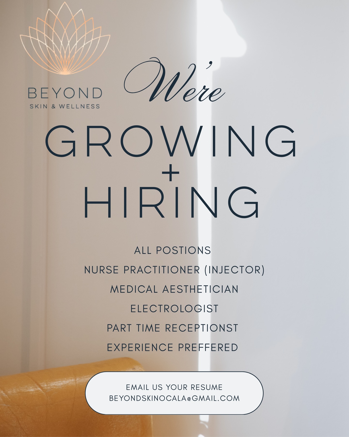 We are so excited to announce that WE’RE EXPANDING! ✨💉
Beyond Skin & Wellness is growing our team and welcoming new talent into our space. If you’re passionate about aesthetics, love making clients feel confident, and thrive in a high-end, team-oriented environment, we want to hear from you.
Now hiring:
• Nurse Practitioner (Injector)
• Medical Aesthetician
• Electrologist
• Part-Time Receptionist
This is more than just a job—it’s an opportunity to be part of a brand that values education, results, and an elevated client experience.
✨ Clinical experience preferred.
💌 Email your resume to beyondskinocala@gmail.com
#ocalamedspa #beyondskinandwellness #hiring