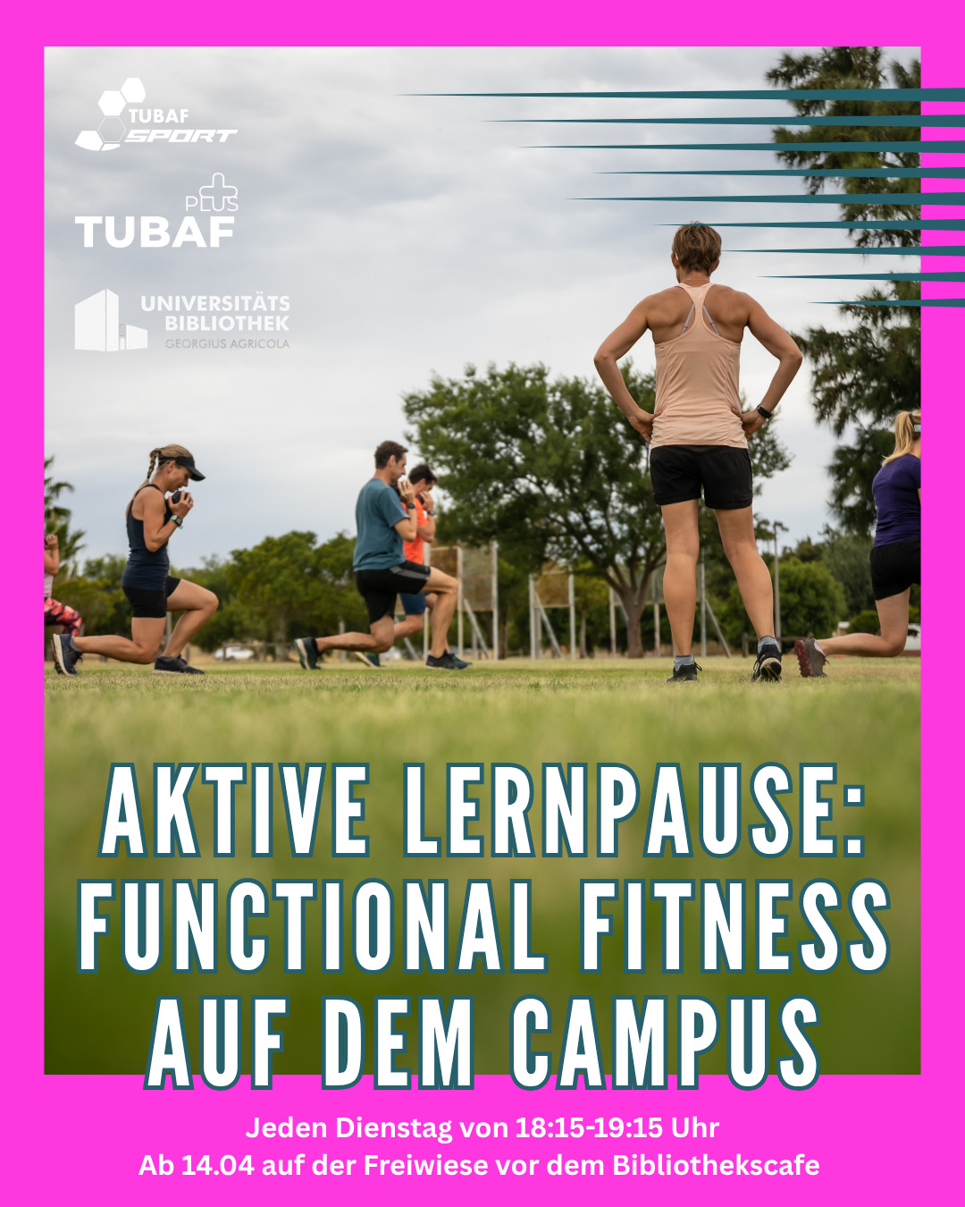 Du suchst eine campusnahe Möglichkeit Sport zu treiben oder sehnst dich nach einer aktiven Pause während deines stressigen Unialltags? 📚💪🏽🏃🏼♀️
Dann ist unser neuer Kurs direkt vor der Universitätsbibliothek genau das richtige für dich! 🫵🏽
❓Was?
Functional Fitness: Ganzkörpertraining
🕖Wann?
Jeden Dienstag, von 18:15-19:15 Uhr ab 14.04
🌳Wo?
Freiwiese vor dem Bibliothekscafe
💰Wie viel?
25 Euro/Semester (Studierende)
🔗Anmeldung?
Über unsere Website (Link in Bio)
Der Kurs findet in Kooperation mit dem MUMM statt 🏋🏽. Bei schlechtem Wetter findet er daher direkt im Fitnessstudio am Meißner Ring statt. 🌧️
Packt genügend Wasser und ein Handtuch ein!💦