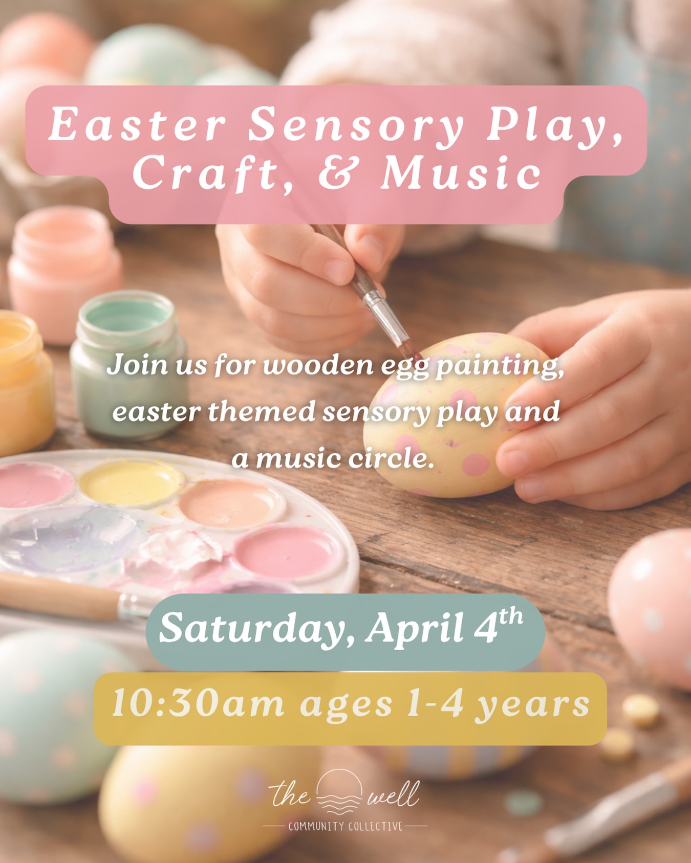 Update: SOLD OUT. Join us for a special event next Saturday, April 4th at The Well. 🐣
Each child will be invited to decorate their own Wooden Easter eggs, engage in themed sensory play, and end our time together with a music circle. 🎵
10:30am for ages 1-4 years, give or take!
Sign up in the app or on desktop! 🤍