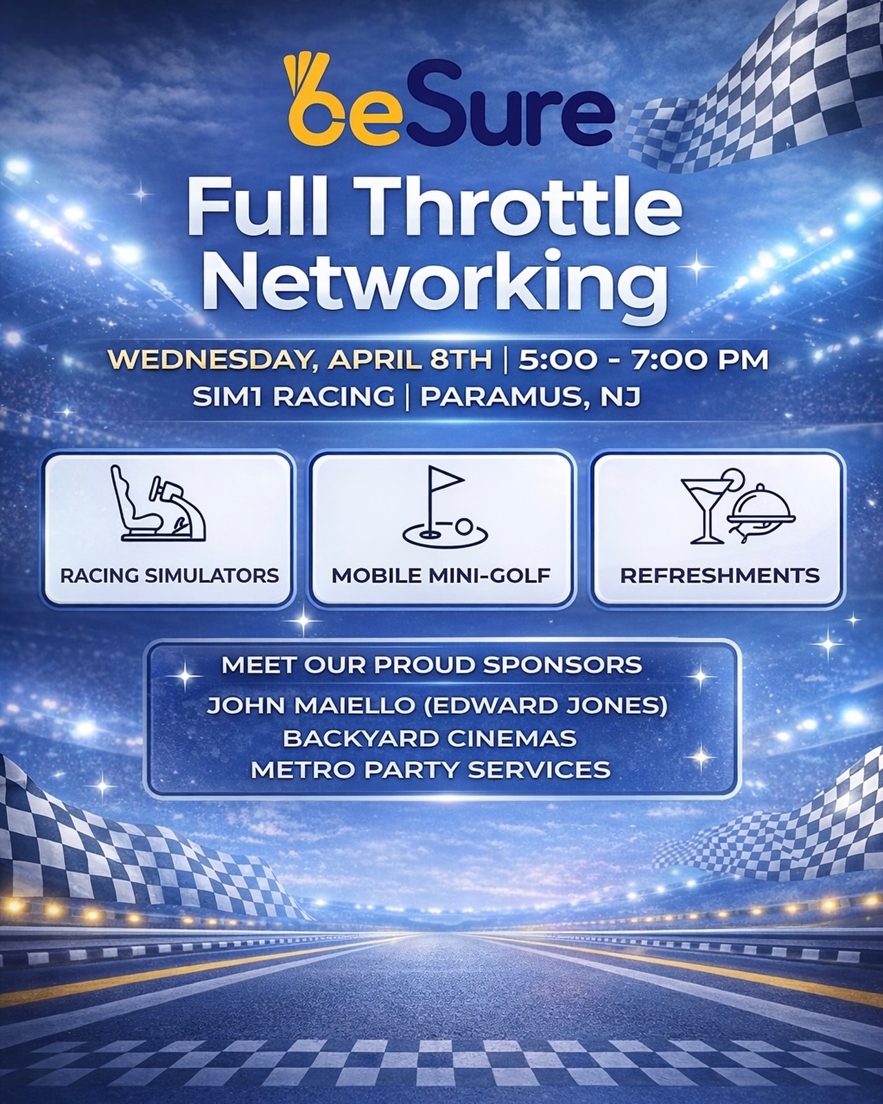 Good business comes naturally when there’s a little competition involved! We’re teaming up with @besureusa and @metro_party_services for a networking night with at @sim1racing
“I’m a big believer that the best business gets done when people are actually having fun. That’s why I’m proud to sponsor Full Throttle Networking on April 8th and bring mobile mini golf to the mix. Racing sims, real connections, and a little friendly rivalry ⛳ 🏎️ See you there!” ~ BeSure founder Dave Faccone
Pull up to Sim1 Racing, make some connections, and maybe win a few rounds while you’re at it. Small business owners and professionals looking to network, reserve your spot today! Event link is in our bio 🗓
#BackyardCinemas #NetworkingEvent #NJEvents #MiniGolf #BusinessNetworking