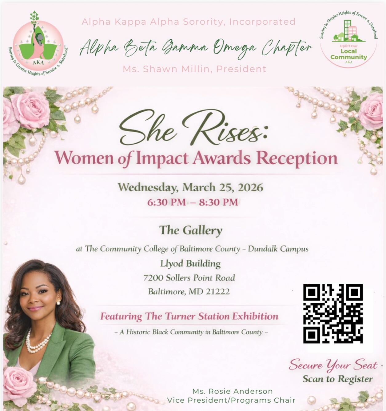 Join us tomorrow evening, 3/25/26
VIP reception starts at 5:30 pm
Awards begin at 6:30–8:30 PM for the She Rises: Women of Impact Awards Reception as we celebrate the accomplishments of leaders in the Turner Station community and honor our partnership since chaptering.
Through our Uplifting Our Local Community target, we are proud to recognize local impact—especially members of the Turner Station Conservation Teams—while building new partnerships with CCBC Dundalk.
Set against the Turner Station Exhibition at The Gallery
Attire: Professional
Let’s come together to uplift and celebrate our community! This event is open to the public.