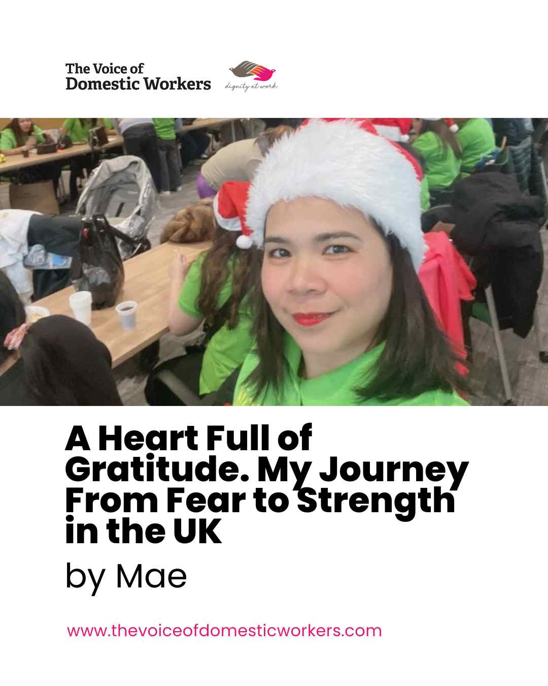 Some journeys begin with fear but grow into something stronger. Last January, Mae shared a powerful reflection on her journey in the UK, one shaped by uncertainty, courage, and ultimately, gratitude. It’s a story that speaks to the resilience of many domestic workers who continue to rise despite the challenges they face. Looking back, her words remind us how far strength can take us, even when the path isn’t easy. Take a moment to revisit Mae’s story and reflect on the power of growth through every step of the journey.
Read here: https://www.rfr.bz/ifb06df
#VODW #DomesticWorkers #MigrantVoices #StoriesOfStrength #Gratitude #Resilience #VoicesThatMatter
