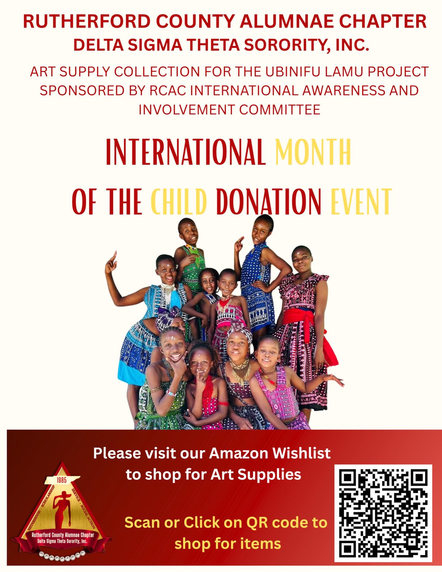 The Rutherford County Alumnae Chapter International Awareness & Involvement Committee is proud to support the Ubinifu Lamu Initiative through our Art Supply Collection Drive! 🌍❤️
Join us now through April 30, 2026, as we collect art supplies to spark creativity, joy, and self-expression for children in Mararani Village on Lamu Island. 🖍️🎒
Want to make an impact? It’s easy!
🛒 Shop our Amazon Wishlist and donate directly:
👉🏾 https://www.amazon.com/hz/wishlist/ls/296HAQDXLHBXX?ref_=wl_share
Every crayon, marker, and paintbrush helps empower a child’s imagination and future. 💫
Thank you for supporting this meaningful cause and helping us make a difference one child, one creation at a time. ❤️🤍
#MonthOfTheChild #RCACDST #DeltaSigmaTheta #ServiceInAction #UbinifuLamu