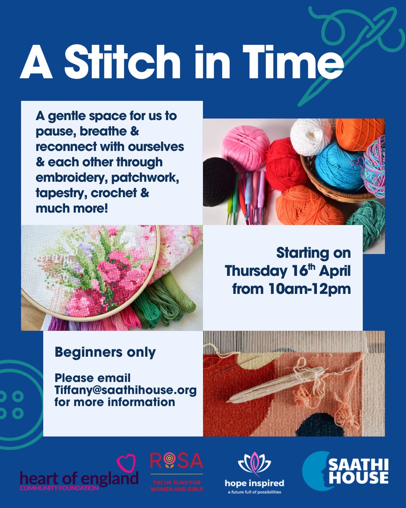 🧵✨ Join us for A Stitch in Time: a welcoming beginner-friendly space to pause, breathe and reconnect through creativity.
Come explore embroidery, patchwork, tapestry, crochet and more in a relaxed and supportive environment 💙
📅 Starting Thursday 16th April
🕙 10am-12pm
📍 Beginners only
For more information, email Tiffany@saathihouse.org
Excited to partner with @hope_inspired_cic for these amazing events!
##BeginnerCraftClub #EmbroideryWorkshop #CrochetCommunity #CreativeWellbeing CraftForWellbeing