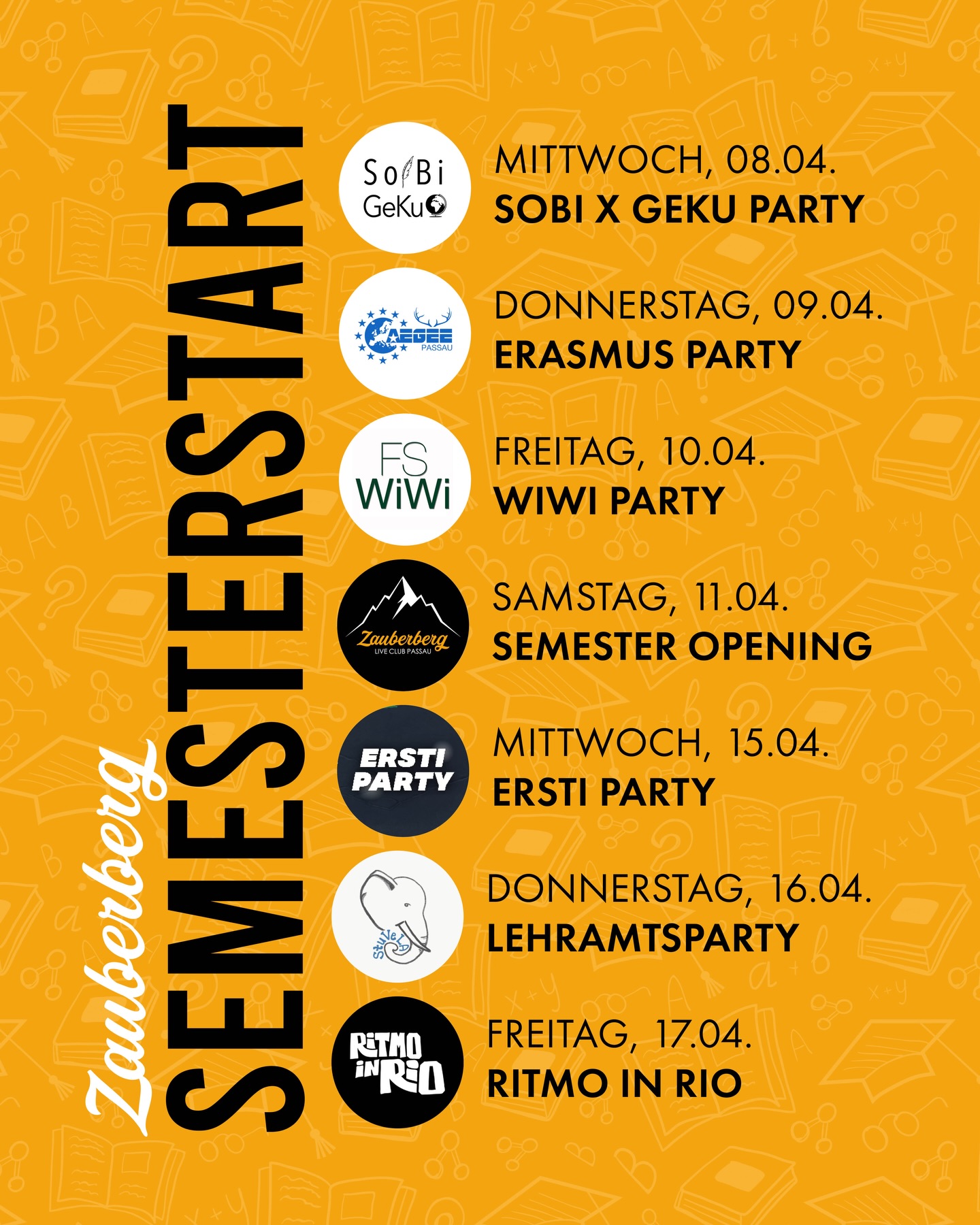 SEMESTERSTART IM ZAUBERBERG 👩🎓👨🎓
Mittwoch, 08.04. ab 21 Uhr
🪩 @fs.sobi x @fs.geku Party
Donnerstag, 09.04. ab 22 Uhr
🪩 @aegeepassau Erasmus Party
Freitag, 10.04. ab 22 Uhr
🪩 @fswiwi_passau Party
Samstag, 11.04. ab 22 Uhr
🪩 Semester Opening Party
Mittwoch, 15.04. ab 22 Uhr
🪩 Ersti Party
Donnerstag, 16.04. ab 22 Uhr
🪩 @stuvela & @bllv.studierende.passau Lehramtsparty
Freitag, 17.04. ab 22 Uhr
🪩 @ritmoinrio Semester Opening
Ob Quietschie, Langzeitstudi oder einfach nur feierwütig - alle sind willkommen! 💃🕺
Einlass zu allen Parties ab 18 Jahren. Gültigen, amtlichen Lichtbildausweis zur Alterskontrolle mitbringen! (Personalausweis, Führerschein oder Reisepass)
Andere Ausweise, zum Beispiel Studierendenausweise oder Krankenkassenkarten, werden nicht akzeptiert. Ein Foto des Ausweises ist nicht ausreichend.