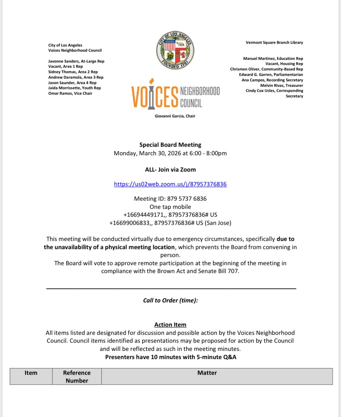 Tomorrow we’ll be holding a Special Board Meeting via Zoom.
The agenda includes key topics that affect our community—your voice and participation matter.
Check the agenda and join us online! 💻✨