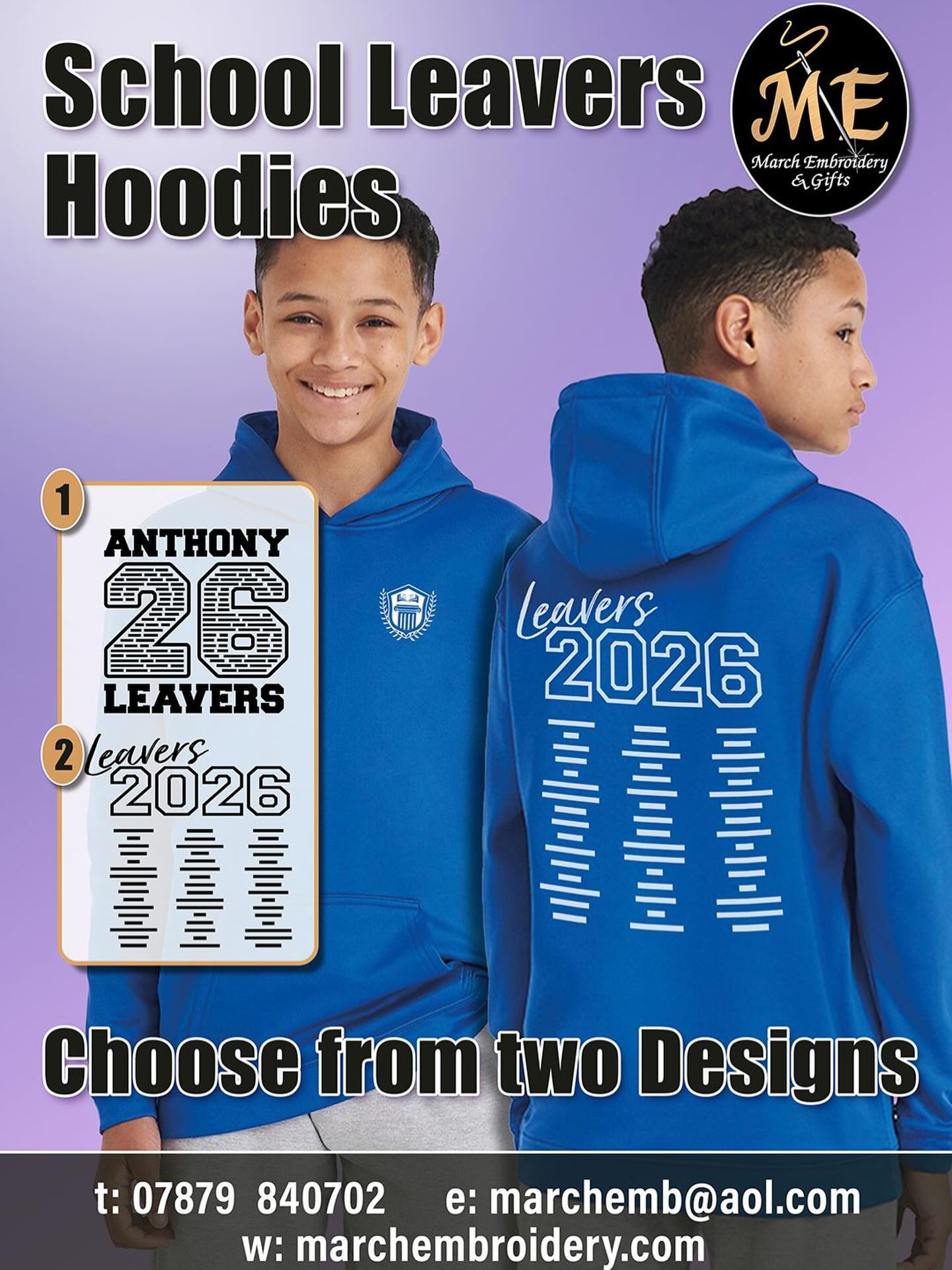 March Embroidery are now taking orders for school leavers hoodies and t-shirt. Available in a range of colours, designs and sizes to fit all. Contact us for a bespoke quote.