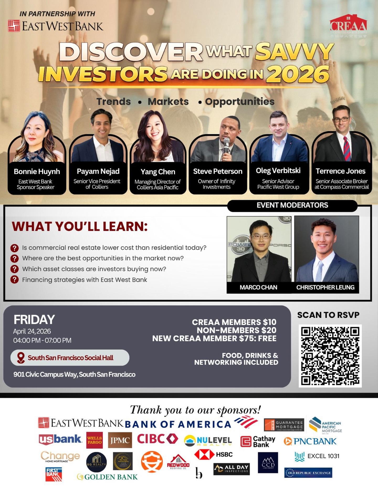 Still sitting on the sidelines waiting for the “right time”? 👀
Meanwhile… savvy investors are already making moves.
This is where you find out what they know that you don’t.
🔥 Discover What Savvy Investors Are Doing in 2026
Real insights. Real deals. Real strategies.
If you’re in residential and thinking:
👉 “Should I pivot into commercial?”
👉 “Where is the money actually going right now?”
👉 “What deals are STILL working in this market?”
You NEED to be in this room.
💡 Hear directly from:
Bonnie Huynh (East West Bank) — Financing strategies that actually get deals approved
Payam Nejad (Colliers) — Market insights from the front lines
Yang Chen (Colliers APAC) — Where global capital is moving
Steve Peterson — Investor mindset & deal selection
Oleg Verbitski — Commercial opportunities & trends
Terrence Jones — What’s happening on the ground RIGHT NOW
🎤 Moderated by Marco Chan & Christopher Leung
📍 South San Francisco Social Hall
🗓 April 24 | 4PM–7PM
🎟 CREAA Members: $10
🎟 Non-Members: $20
🔥 New Member Promo: $75 (event included)
⚠️ Spots are limited. The room WILL fill.
Stop guessing. Start learning what’s actually working.
👉 Scan the QR code & secure your spot NOW.
#BayAreaRealEstate #RealEstateInvesting #CREAA #CommercialRealEstate #RealEstateAgents HousingMarket RealEstateEvents DealFlow InvestSmart
⸻
還在觀望市場、等「最佳時機」嗎?👀
但其實… 聰明的投資人早就開始行動了。
這場活動,讓你知道他們在做什麼、想什麼。
🔥 2026 精明投資人都在做什麼?
真實市場 · 真實策略 · 真實機會
如果你是做住宅的,正在想:
👉 要不要轉做商業地產?
👉 現在資金到底流向哪裡?
👉 這個市場還有什麼機會?
你一定要來。
💡 重磅講者分享:
Bonnie Huynh(East West Bank)— 融資策略,什麼樣的案子能過?
Payam Nejad(Colliers)— 第一線市場觀察
Yang Chen(Colliers 亞太)— 全球資金流向
Steve Peterson — 投資人思維與選案邏輯
Oleg Verbitski — 商業地產機會與趨勢
Terrence Jones — 現場真實成交動態
🎤 主持:Marco Chan & Christopher Leung
📍 南三藩市 Social Hall
🗓 4月24日 | 下午4點–7點
🎟 會員 $10
🎟 非會員 $20
🔥 新會員 $75(含活動門票)
⚠️ 名額有限,很快額滿。
不要再猜市場,直接聽正在做交易的人怎麼說。
👉 掃碼立即報名,鎖定你的位子!
灣區地產 房地產投資 CREAA 商業地產 房地產經紀 市場趨勢 投資機會 人脈交流