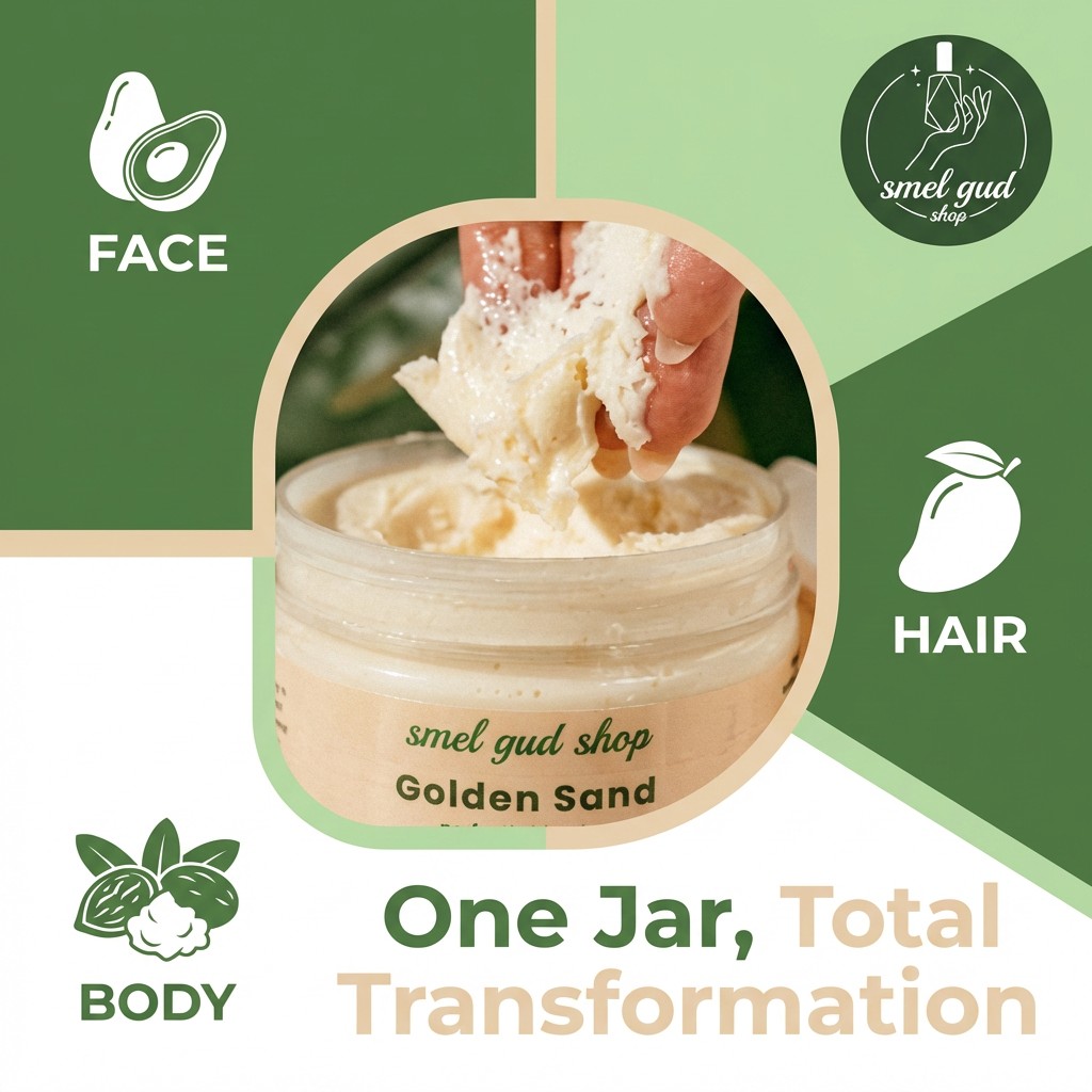 Why have multiple products when one jar can do it all?
Our Golden Sand Body Butter is more than moisture—it’s a full-body ritual.
✨ Face – lightweight nourishment for a natural glow
✨ Body – deep hydration without the greasy feel
✨ Hair – adds softness, shine, and manageability
Made with plant-based ingredients like raw butters and avocado oil, every scoop melts into your skin and hair effortlessly—leaving you feeling soft, smooth, and refreshed.
No fluff. No fillers. Just intentional care your body understands.
🌿 Smel gud. Feel good. Look good.
💬 Tell me—where would you use this first? Face, body, or hair?
#thesmelgudshop #plantbasedskincare #bodybutter #naturalskincare #cleanbeauty