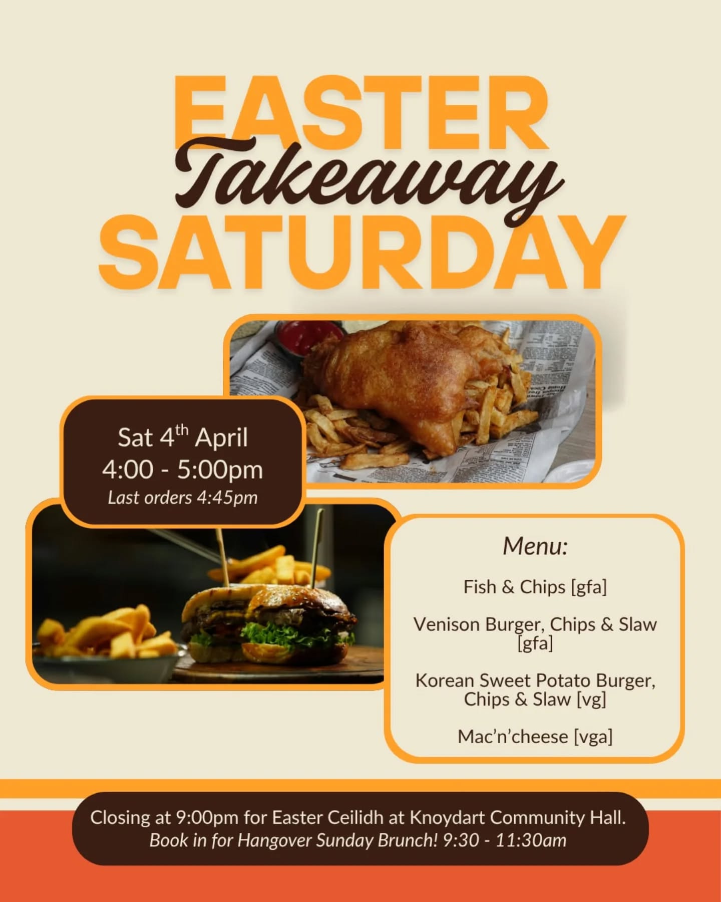 We're very busy for food this Saturday so will be adding an extra takeaway hour to try and get everyone fed before the ceilidh! Still some space on Friday evening - or join us for Hangover Bunch on Sunday!