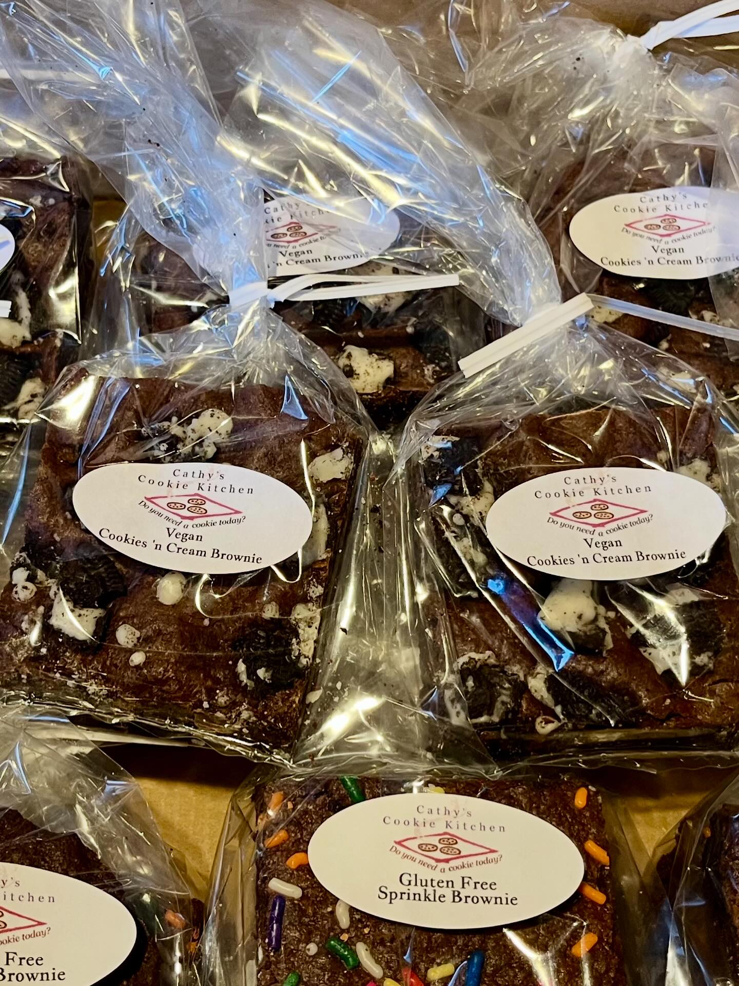 I usually deliver assorted cookies to Green Planet each week but this week, I had a special request for brownies only. I will be delivering gluten-free brownies with sprinkles, and yummy vegan cookies and cream brownies today, Saturday, by 5:30! Get them while they last! 😊