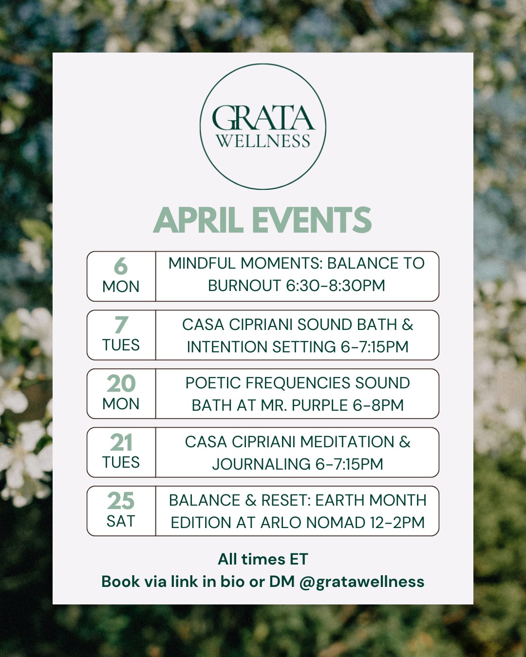 So excited for April!! Join me and make time to come back to yourself🤍
Links in bio to save your spot or DM me to book a private session✨
#gratawellness #aprilreset #springrenewal #wellnessevents #wellnesscommunity