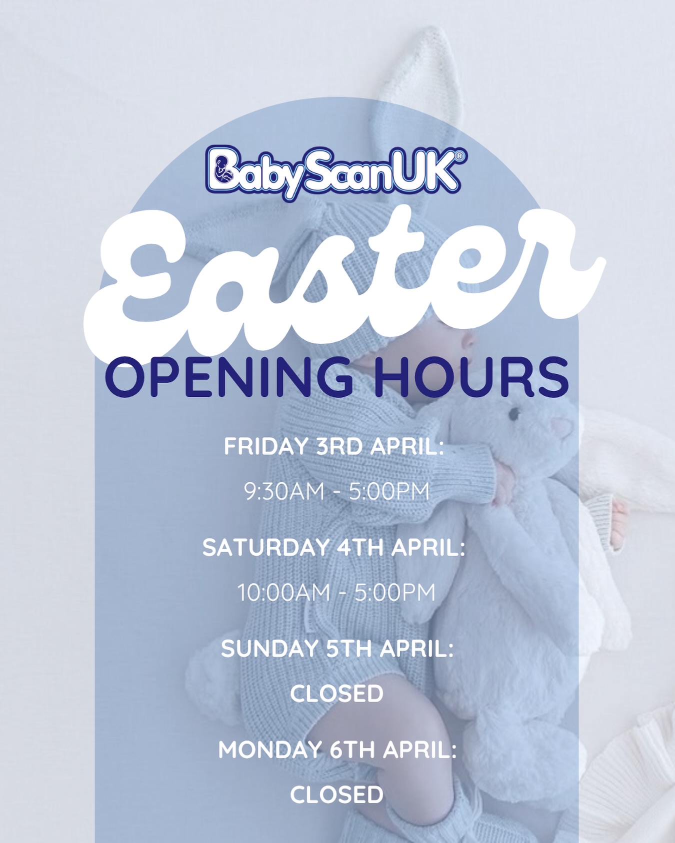 🐣✨ EASTER OPENING HOURS ✨🐣
Just a little update on our opening times over the Easter weekend 🤍
🗓️ Friday 3rd April: 9:30am – 5:00pm
🗓️ Saturday 4th April: 10:00am – 5:00pm
❌ Sunday 5th April: Closed
❌ Monday 6th April: Closed
If you’re planning to visit us or book your scan, make sure to plan ahead 👶✨
💫 Early scans from 8 weeks
💫 Gender scans from 16 weeks
💫 4D bonding experiences
📍 Nelson clinic
💻 Book via our website
Wishing all our lovely mums & families a beautiful Easter weekend 🐰🤍
#BabyScanUK #EarlyScan #PregnancyJourney #PrivateUltrasound #4DScan GenderScan SouthWalesMums