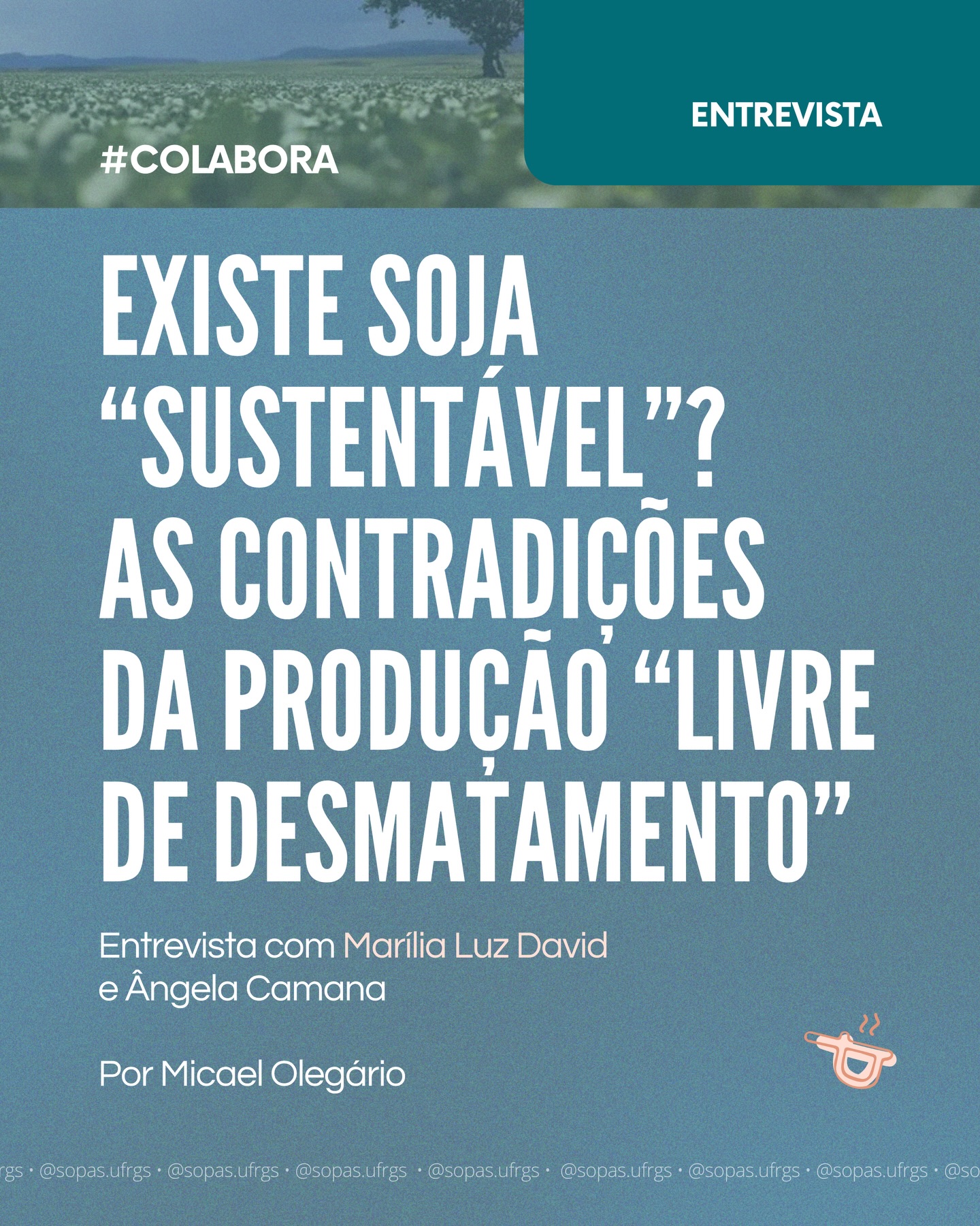🎙️ A professora do SOPAS, Marília Luz David, concedeu uma entrevista ao Projeto Colabora sobre sua pesquisa recém publicada!
O estudo de David e Camana problematiza a ideia de “soja sustentável” e revela as contradições por trás da produção dita “livre de desmatamento”. Arrasta para o lado e confere algumas das análises das pesquisadoras!
Confira a matéria na íntegra em: projetocolabora.com.br/ods12/existe-soja-sustentavel-as-contradicoes-da-producao-livre-de-desmatamento/
O artigo com a pesquisa completa pode ser conferido pelo link: doi.org/10.1590/1807-0337/e149057