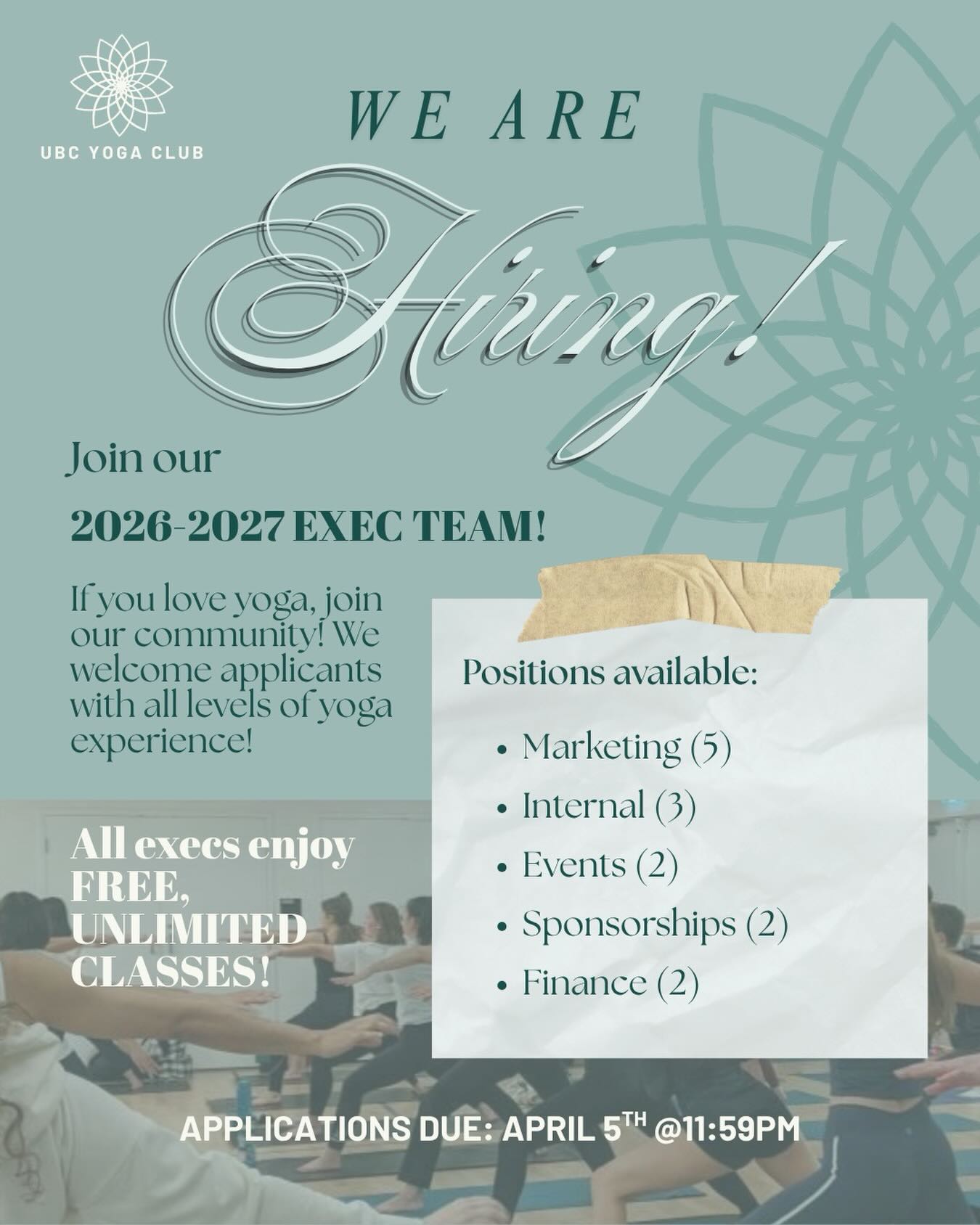 We are hiring for our 2026-2027 EXEC TEAM! 🧘♀️🧘♂️
If you love yoga and you are interested in joining a community of passionate yogis, apply now! 💗Help us make yoga affordable and accessible for people with all levels of experience! Execs also get exclusive access to FREE UNLIMITED yoga classes all year round!
Several positions are available in multiple porfolios. Experience is not necessary. Just bring your commitment to the club and love for yoga! 🧸
🔗Check the LINK IN OUR BIO for the FULL hiring package!
💌Applications due: Sunday April 5th at 11:59pm