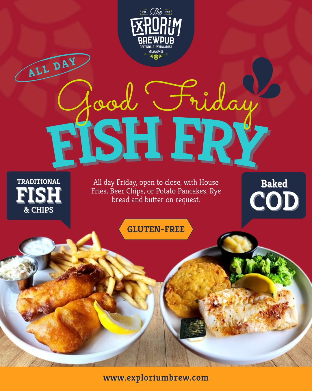 🐠 Good Friday at The Explorium Brewpub means fish from open to close, with crispy beer-battered cod, baked options, and gluten-free choices ready when you are. Every plate comes stacked with your pick of fries, beer chips, or potato pancakes, plus all the sides that make it feel like a proper Friday tradition.
Round up your crew, pick your favorite plate, and make your way to The Explorium Brewpub for a Friday meal worth showing up hungry for.
🌐 Click the link in the bio
#exploriumbrew #exploretastediscover #supportlocal #visitmke #milwaukee #craftbeer #whiskeybar