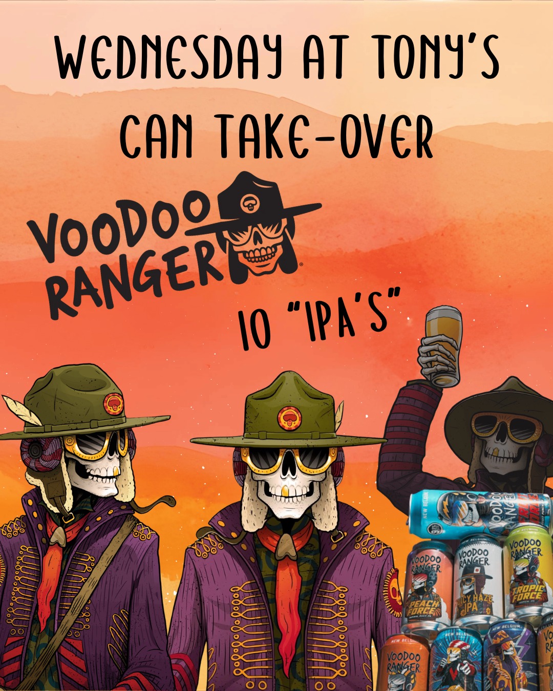 We are excited to share our first of many out-of-state Wednesdays at Tony's. We'll be featuring a non-California brewery in cans for some to enjoy. This week, we'll have America's best-selling IPA, Voodoo Ranger!
Come try:
🍺 Voodoo Ranger IPA
🔥 Voodoo Ranger Voodoo Vice IPA
🌲 Voodoo Ranger Vastwood Seer (Magic: The Gathering collab!)
🎃 Voodoo Ranger Atomic Pumpkin IPA
🥭 Voodoo Ranger 1985 Mango IPA
🍊 Voodoo Ranger Juicy Hazy IPA
☁️ Voodoo Ranger Hazy IPA
🍭 Voodoo Ranger Sweet Ride IPA
💥 IVoodoo Ranger Imperial IPA
⚡ Voodoo Ranger Juice Force DIPA
🍹 Voodoo Ranger Fruit Force DIPA
🍾Voodoo Ranger Malört Roulette
We only got one can of each, so first-come, first-served.
#wednesdaysattonys #kindacraftbeer #aprilfools #burbankbeer