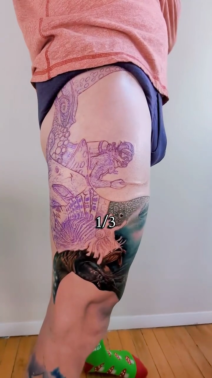 Three days. Back to back to back. No shortcuts, just building this piece layer by layer on an absolute badass of a client.
Watching this one come together, you can really see how the structure carries everything. Creatures staggered for depth, that lionfish heating up at the center, and the push and pull between the shark’s bite and the whale shark’s calm starting to create real tension.
This is what large-scale storytelling actually looks like in progress. Built to move, not just sit on you..
I had a gorgeous time working on this one on a private travel trip to Chicago. Thank you as always to @evergreenstudios.chicago for hosting us!
🚀 @longlivetattoocollective
🎨 @industryinksusa
🖤 The Best Clients Ever
#denvertattoo #thightattoo #tattooprocess #colortattoo #customtattoo”