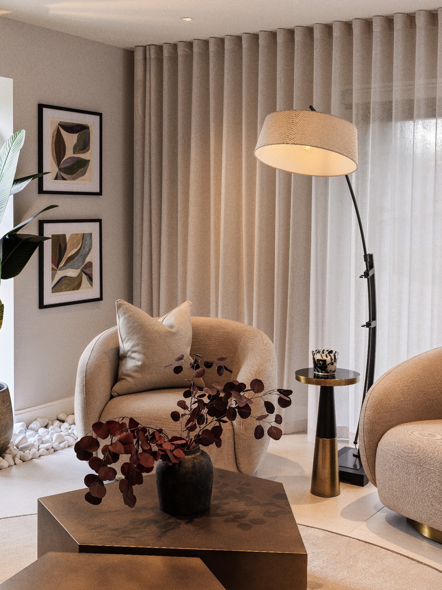 L A Y E R I N G | With neutrals acting as a soft base layer in the living room at Project Wood, it was integral to introduce texture and form through furniture and accessories, from rich bronze, elegant brass and foliage.