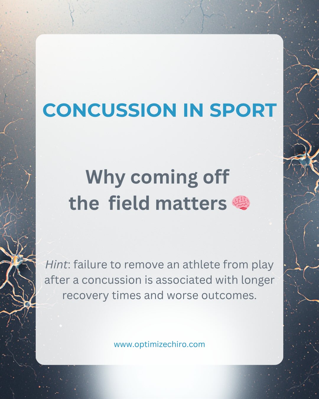 🧠🚨 Concussion in sport: why coming off the field matters
Research shows that athletes who keep playing after a concussion can take TWICE as long to recover.
📊 What the evidence says:
• Immediate removal: ~19–22 days recovery
• Continued play: up to 44 days
• Up to 8× higher risk of prolonged symptoms
⏱️ The longer you stay on the field after a concussion, the worse the outcome.
💡 Bottom line:
“When in doubt, sit them out.”
Protect the brain. Prioritise recovery. No game is worth long-term damage.
#Concussion #sportschiropractic #BrainHealth #neurorehab #WhenInDoubtSitThemOut