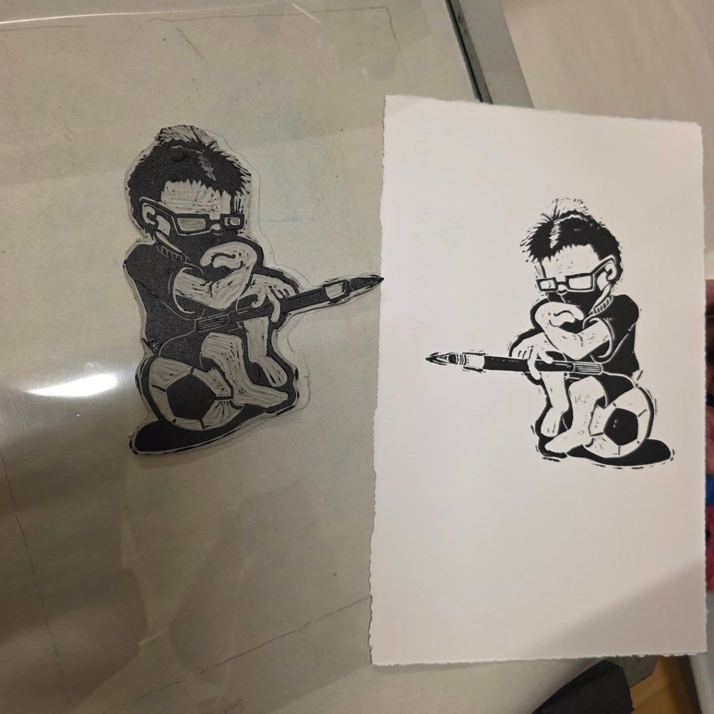 Register soon for our popular Print Studio 101! Class details below, register on our website (link in bio):
Print Studio 101
Tuesdays April 7th to May 5th 2026 (5 weeks) 6 to 9pm
$350
Welcome to the Print Studio!
Perfect for beginners or experienced printmakers looking to brush up, this course introduces the atelier experience to students. A range of both traditional print media and alternative methods will be explored in these 5 weeks, including the photo emulsion screen print method, cyanotype and relief printing with a press.
Learn a range of techniques from experienced artist and printmaker Shannon Moynagh, who will mentor students through technical and engaging projects!
All materials supplied for the run of this course. Students taking this class are welcome to become renters in the studio.
ID: Student work, photo of carved lino and final print. Print of a figure holding a brush, sitting on a soccer ball, printed with black ink.
#torontoprintmakers #toronroprintstudio #torontoartclasses #learnprintmaking #learnreliefprint