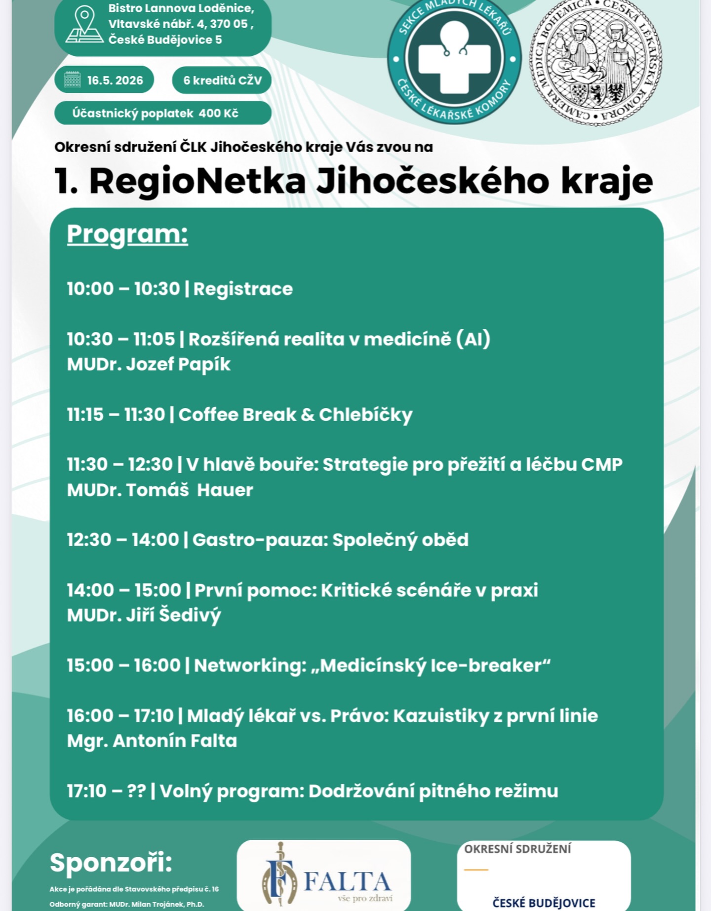 🔥 RegioNetka pokračuje❕Tentokrát v Jihočeském kraji.✨
Hledáte způsob, jak se vzdělávat, a zároveň se seznámit s kolegy z regionu a v neformální atmosféře probrat profesní radosti i strasti? Pak je RegioNetka přesně pro vás!
Na co se můžete těšit? 🌱
Připravili jsme mix témat, který vás posune dál bez ohledu na specializaci.
🤖 Rozšířená realita v medicíně s MUDr. Jozefem Papíkem.
🧠 Komplexní pohled na CMP - od diagnostiky po léčbu s MUDr. Tomášem Hauerem.
🚑 Workshop kritických scénářů pod vedením zkušeného urgentisty MUDr. Šedivého.
⚖️ Zdravotnické právo v kazuistikách s Mgr. Faltou.
Po odborné části následuje společný večer v přátelském kruhu. Občerstvení je zajištěno po celou dobu akce. 🧁
📅 Kdy: sobota 16. května 2026 od 10 hodin
📍 Kde: Lannova Loděnice, České Budějovice
💰 Cena: 400 Kč.
📩 Registrace: Nutná předem skrze online formulář. Odkaz naleznete ve stories a v biu
🎓 Kredity: Akce je ohodnocena 6 kredity ČLK.
⚠️ Kapacita je omezená, tak s přihlášením neotálejte! Těšíme se na vás! 🫶