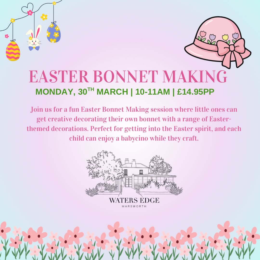 Easter Kids Activities at Water’s Edge 🐣
Join us over the Easter break for a series of fun, hands-on activities for little ones, perfect for keeping them busy, creative, and full of treats!
✨ Easter Bonnet Making
£14.95 | 10–11AM
Includes babycino & cookie
✨ Easter Egg Decorating
£9.95 | 12–1PM
Includes juice
✨ Easter Shredded Cupcake Decorating
£9.95 | 12–1PM
Includes juice
All materials provided, relaxed setting, and parents stay & enjoy too.
Spaces are limited, booking essential.
🎟Book on our website wemarsworth.co.uk or email us at info@wemarsworth.co.uk
#EasterActivities #KidsEvents #FamilyFun #WaterEdgeMarsworth